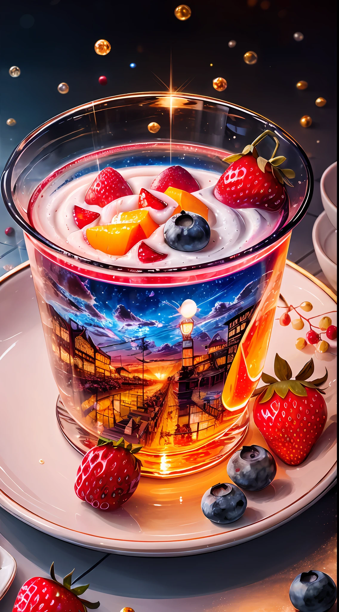the stars, flickering, Multi-colored shimmer, The Cycle of the Stars,Faceted glass, crystal, mother-of-pearl shimmers, Multi-colored highlights, Different, Berry yogurt, CocktailWorld, scenery, landscape, Street, Depth of field , ((blurred background)), Masterpiece, Best Quality, ultra detail, (((Multi-layered jelly))) glass, stained glass windows, Multi-colored sparks glare, tmasterpiece, Top Quality, Experience, Chic, a gold, utensil, kettle, a cup, plate, Ice crystals, with floral print,1 cup milk yogurt) 1 teaspoon vanilla extract of your choice, Chopped fresh fruits (For example, strawberries, kiwi, mango, blackberry, raspberry, cherry, carambola, blueberries, etc.) Marengo, Epoxy
