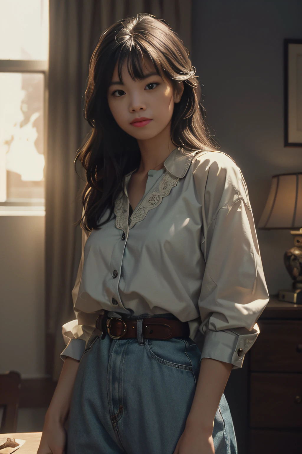 (A high resolution,extremly intricate)(realisticlying:1.4),cinematic lighting
1girl, Single focus, Summer noon, thermography, 1990's\(styled\), cowboy lens, inside in room