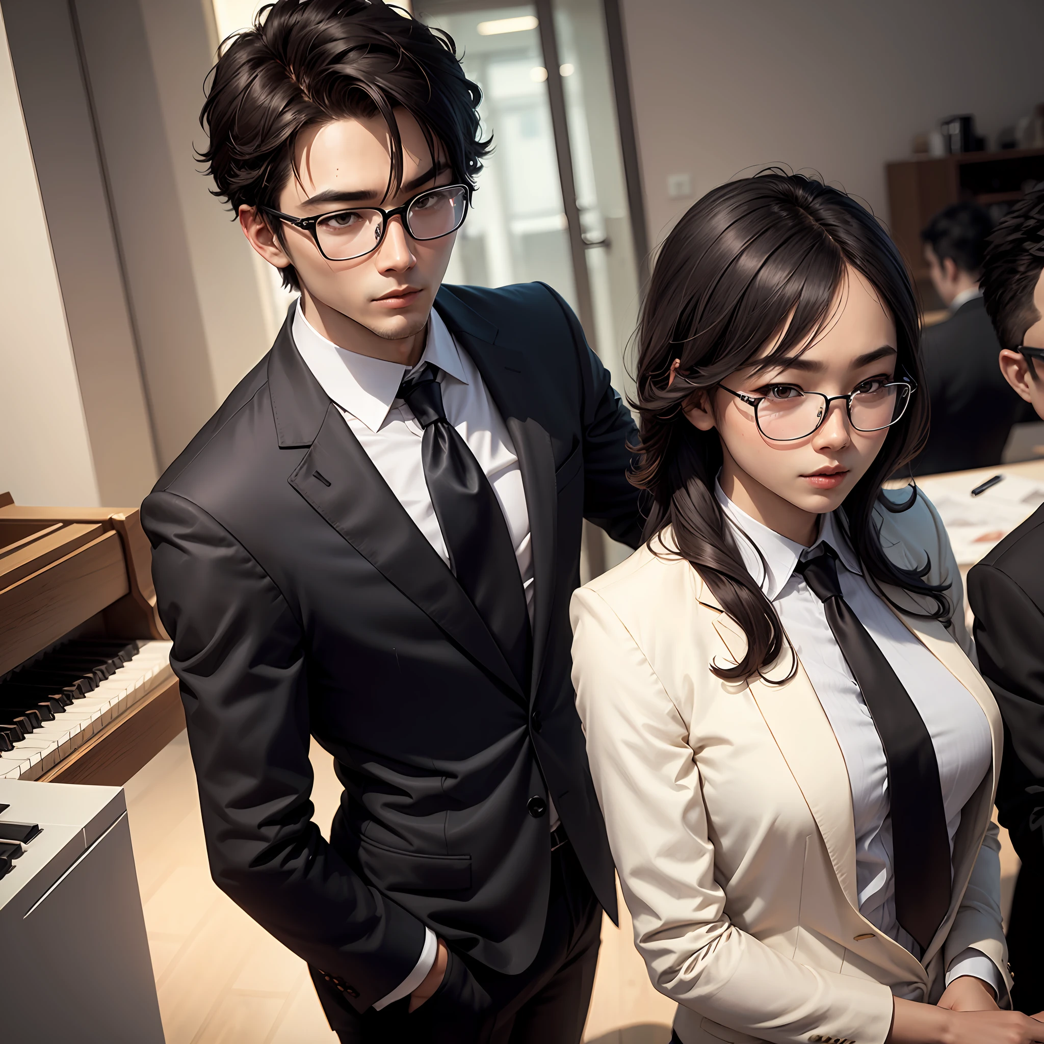 Melon seed face,Robust,Black suit, White shirt, black necktie,Peng Yuyan,pianos,The upper part of the body,Short hairstyle,Ren,glomy,Curved eyebrows,sideface,Business suit,Single Eyelids,Black glasses,cool guy --auto