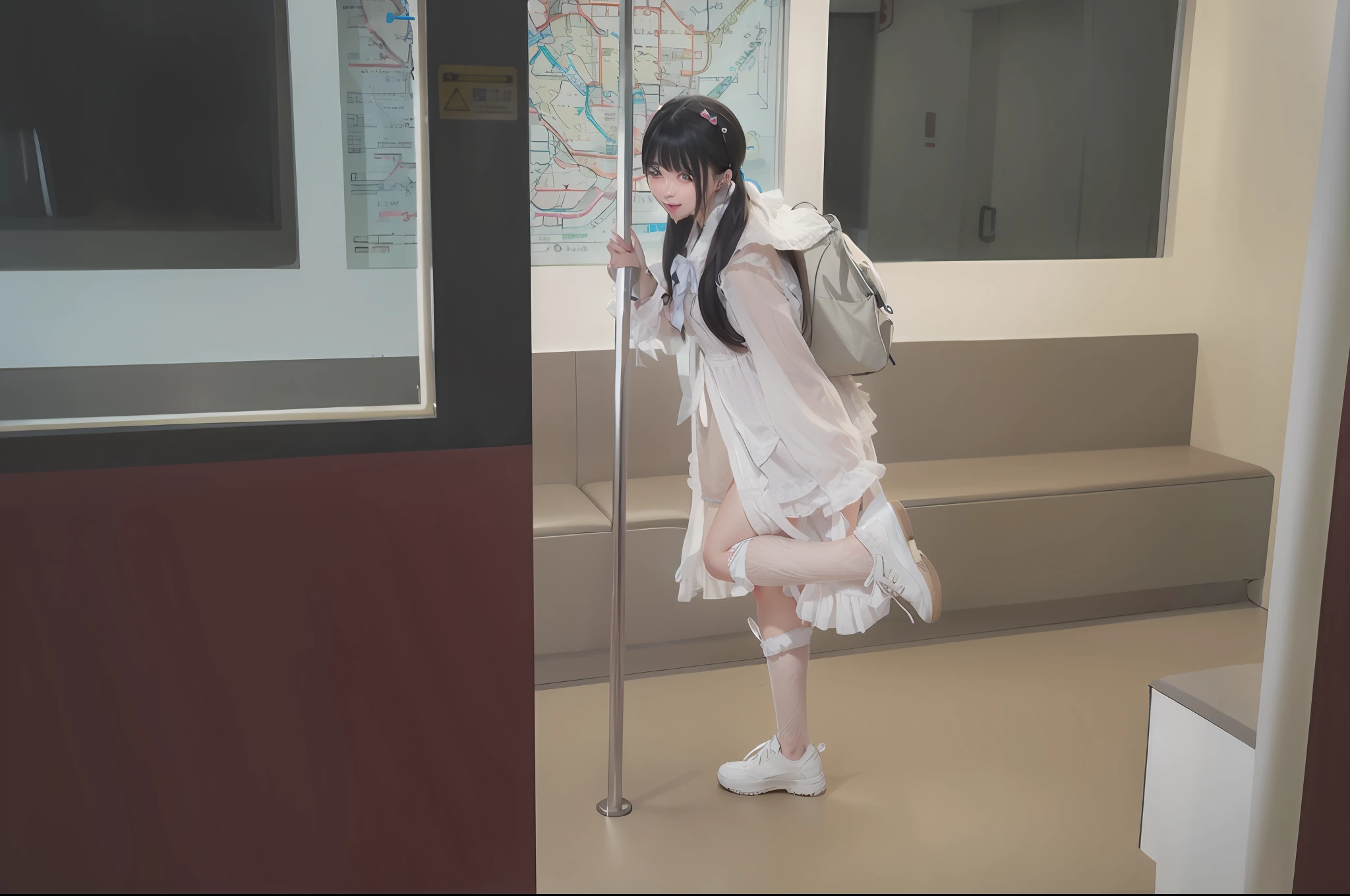 On the train stood a woman in a dress, portrait of radical ta girl, lollipop, Anime girl cosplay, portrait of magical loliirl, cosplay foto, the anime girl is crouching, twintails white_mitts, in a subway, cosplay of a catboy! maid! dress, the anime girl is running, wearing skirt and high socks