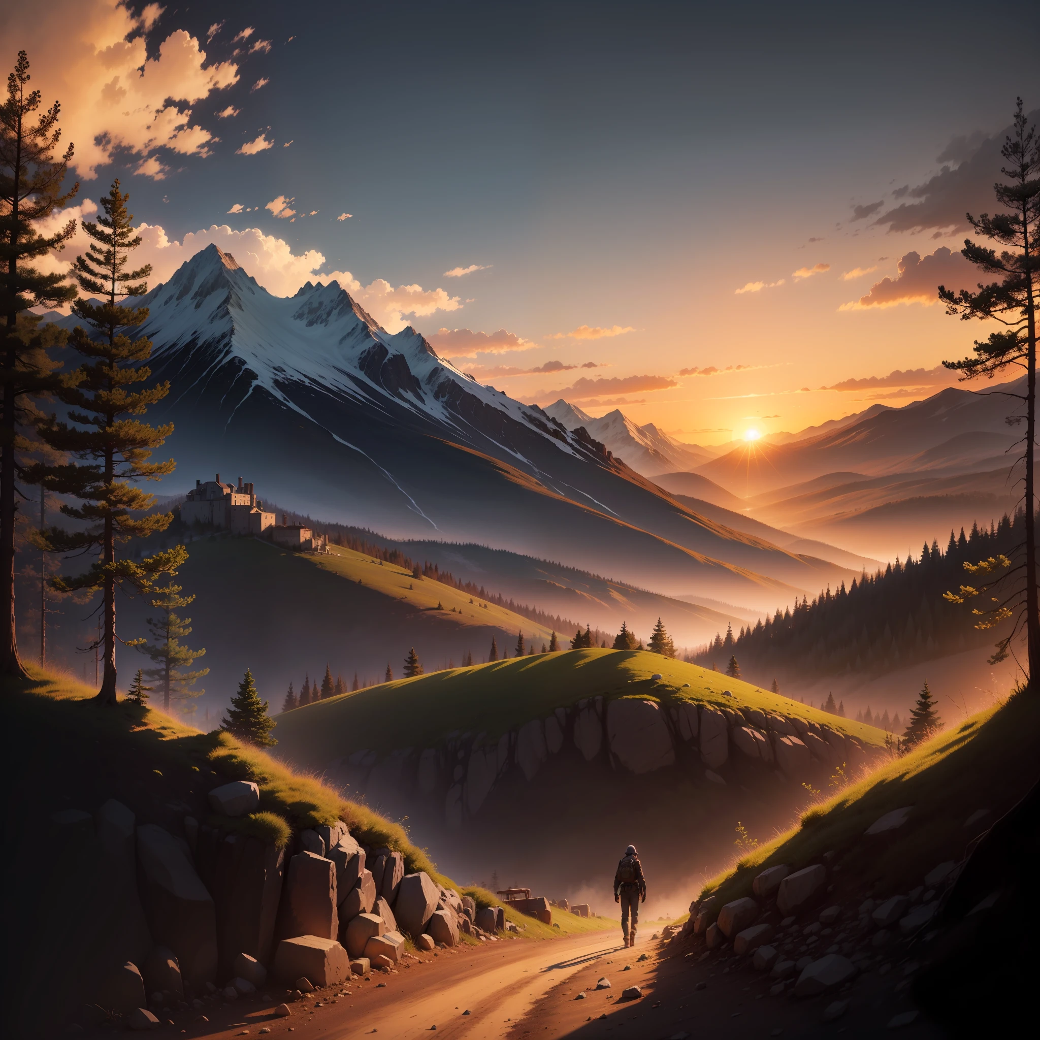 wasteland，moutains，the woods，the setting sun，evening light，Anime style