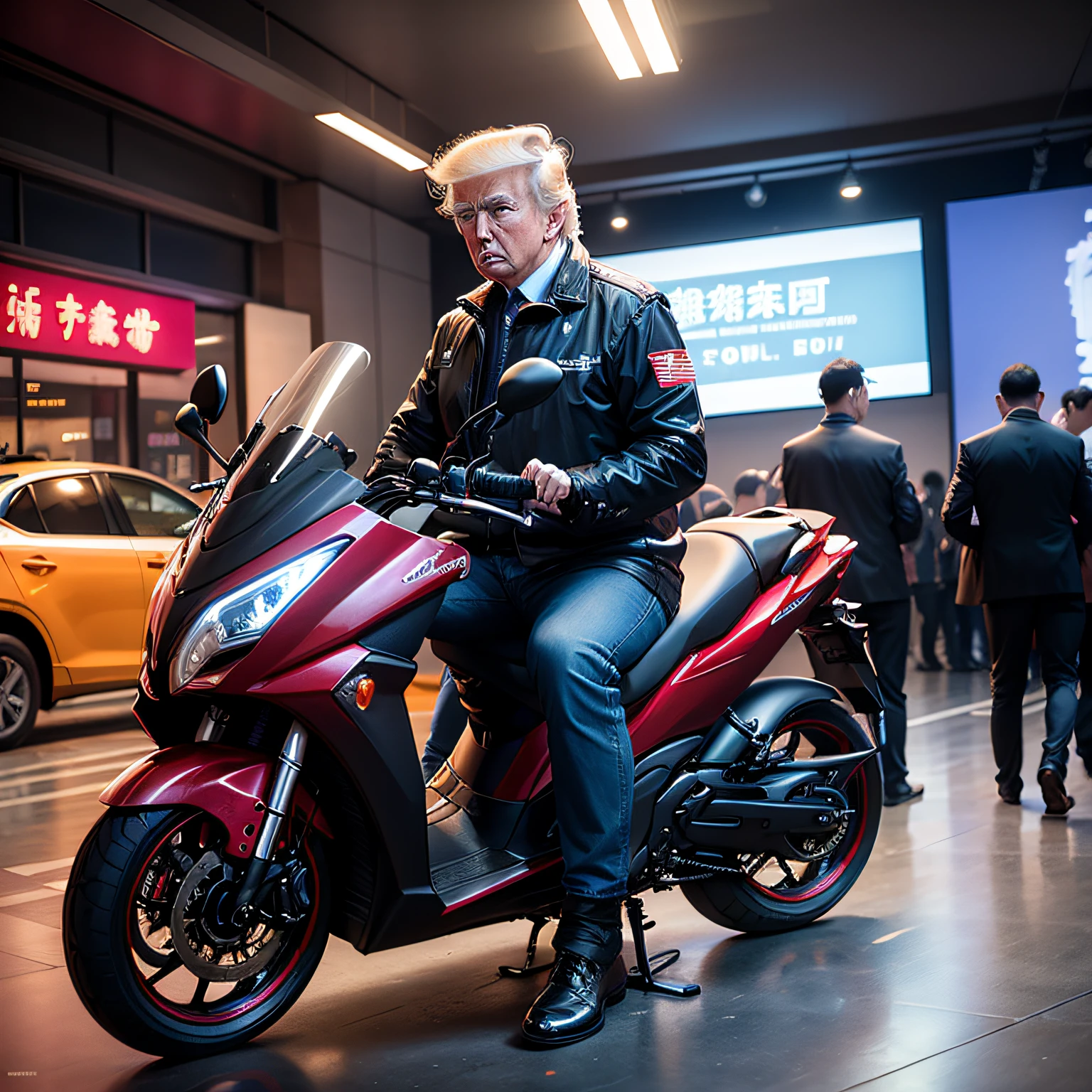Trump，Meituan takeaway，shanghai，photorealestic，meticuloso，electric car --auto