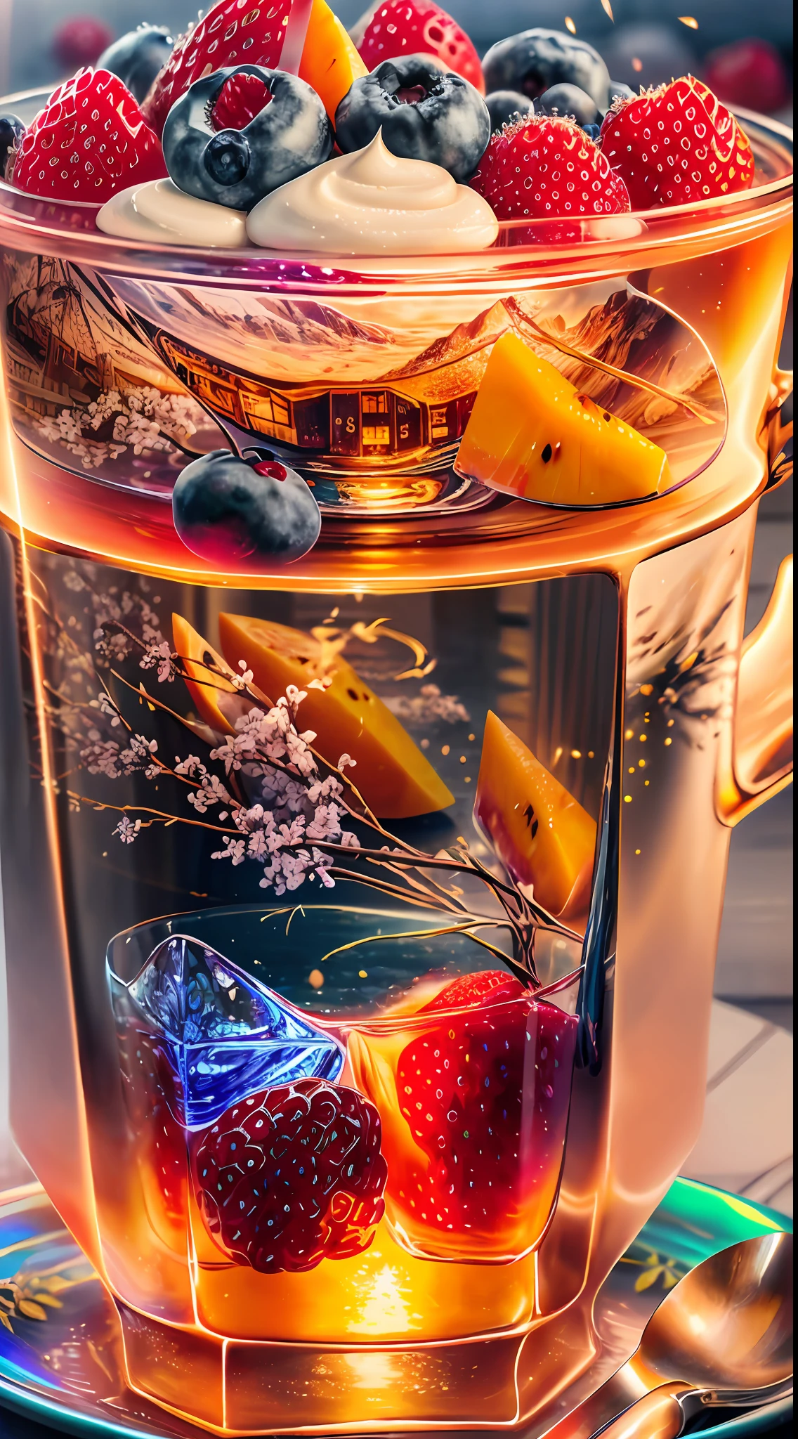 Healthy breakfast. Faceted glass, crystal, mother-of-pearl shimmers, Multi-colored highlights, Different play of light, Berry yogurt, CocktailWorld, scenery, landscape, Street, Depth of field , ((blurred background)), Masterpiece, Best Quality, ultra detail, (((Multi-layered jelly))) glass, stained glass windows, Multi-colored sparks glare, tmasterpiece, Top Quality, Experience, Chic, Boho-chic, a gold, utensil, kettle, a cup, plate, crystals, with floral print,1 cup milk yogurt) 1 teaspoon vanilla extract of your choice, Chopped fresh fruits (For example, strawberries, kiwi, mango, blackberry, raspberry, cherry, carambola, blueberries, etc.) Marengo, coffee