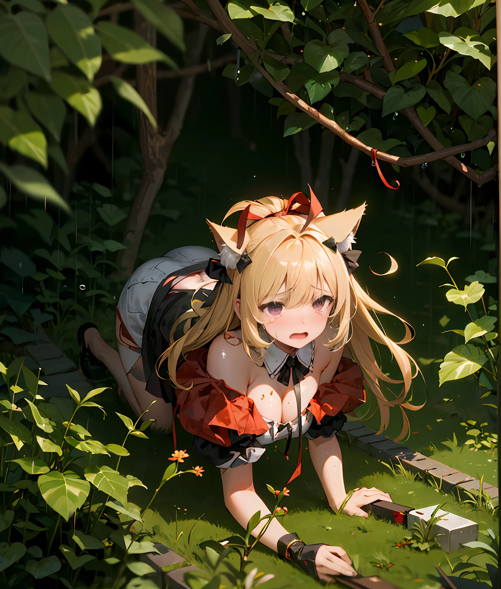 Prop up the ground，Crawling，Golden hair，Drenched hair，Black eyes，Open-mouthed，weeping，Be red in the face，Rainy sky，ln the forest，cropped shoulders，Bare chest，huge tit，a beauty girl，streaming tears，cat ear，beast ear，Torn clothes