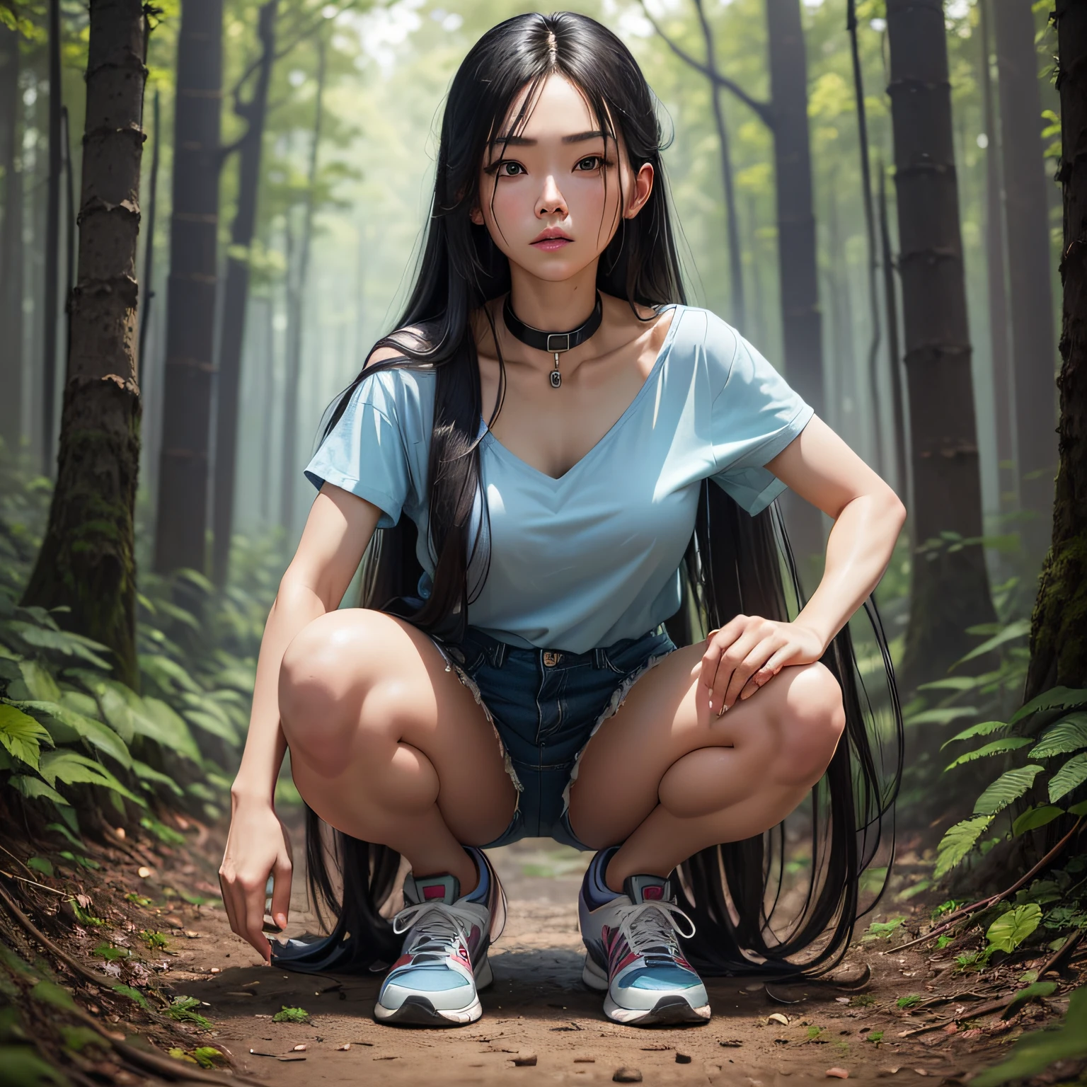 (Best Quality, Masterpiece: 1.2), Woman, Portrait, Translucent Open Collar Blue Shirt (Chestless), (Tong), Mullet Head, Long Black Hair, Brown Eyes, Hips, Sneakers, Squat, Full Body, Outdoor, In the Woods --auto