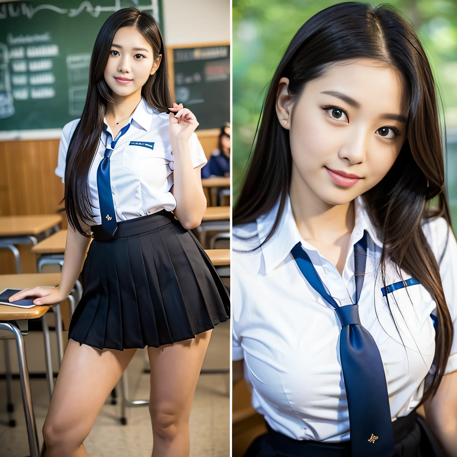 ((Top Quality, 8k, Masterpiece: 1.3)), Perfect Figured Pretty Woman: 1.4, (Big: 1.2), Highly Detailed Face and Skin Texture, Detailed Eyes, High School Student, Uniform, Blouse, Mini Skirt, (Pose at School: 1.2), 1girl, Cinematic, Full Body, Japan Goddess, Long Hair, Smile, With Students, Being Watched by People, Bending Pose