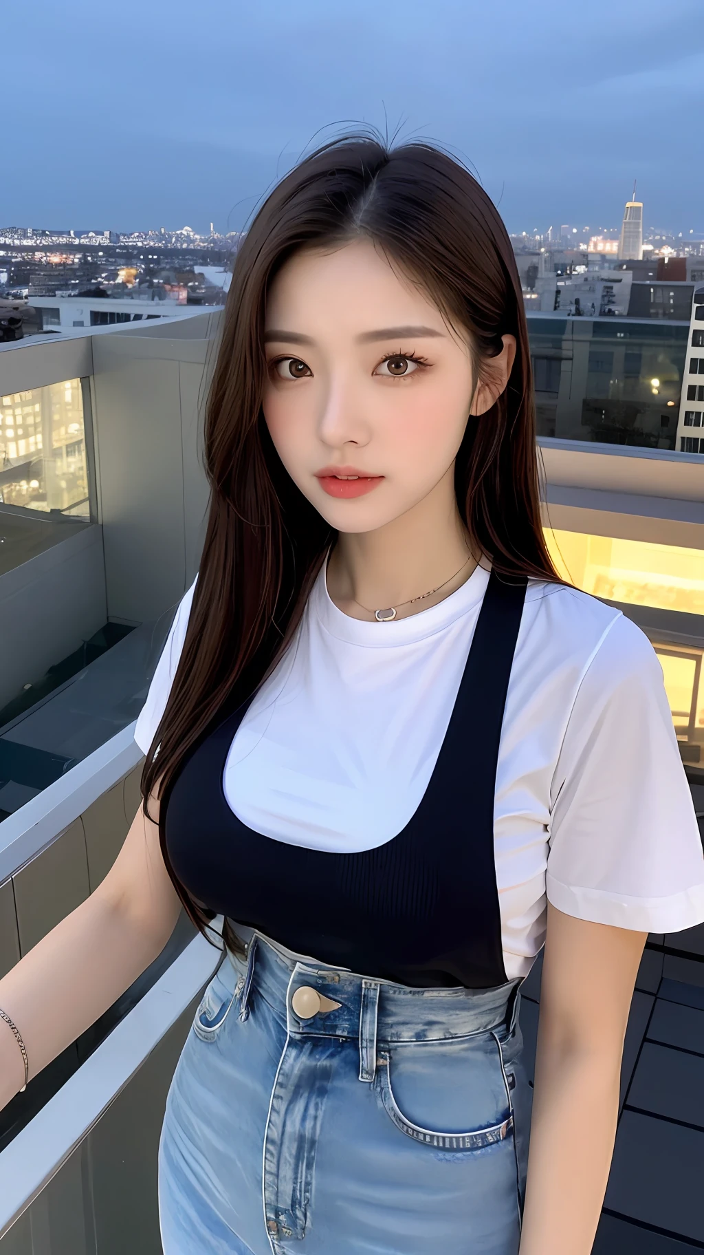 ((Midnight, Best quality, 8k, Masterpiece :1.3)), Whole body, Long legs, Sharp focus :1.2, A pretty woman with perfect figure :1.4, Slender abs :1.1, ((Dark brown hair, Big breasts :1.2)), (White tight tshirt, Jean bib, Standing:1.2), ((Night city view, Rooftop:1.3)), Highly detailed face and skin texture, Detailed eyes, Double eyelid