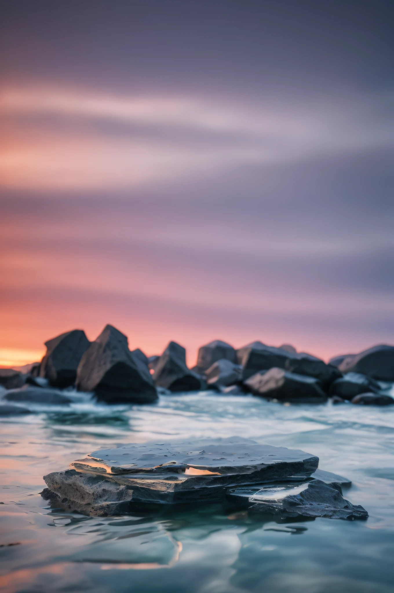 Stones in the water,the sky background,Subtle depth of field,Rocky ocean landscape of floating rocks and jagged rocks,Unreal or extremely shallow depth of field,photorealistic landscapes,Small depth of field,high detal,4K,High fineness