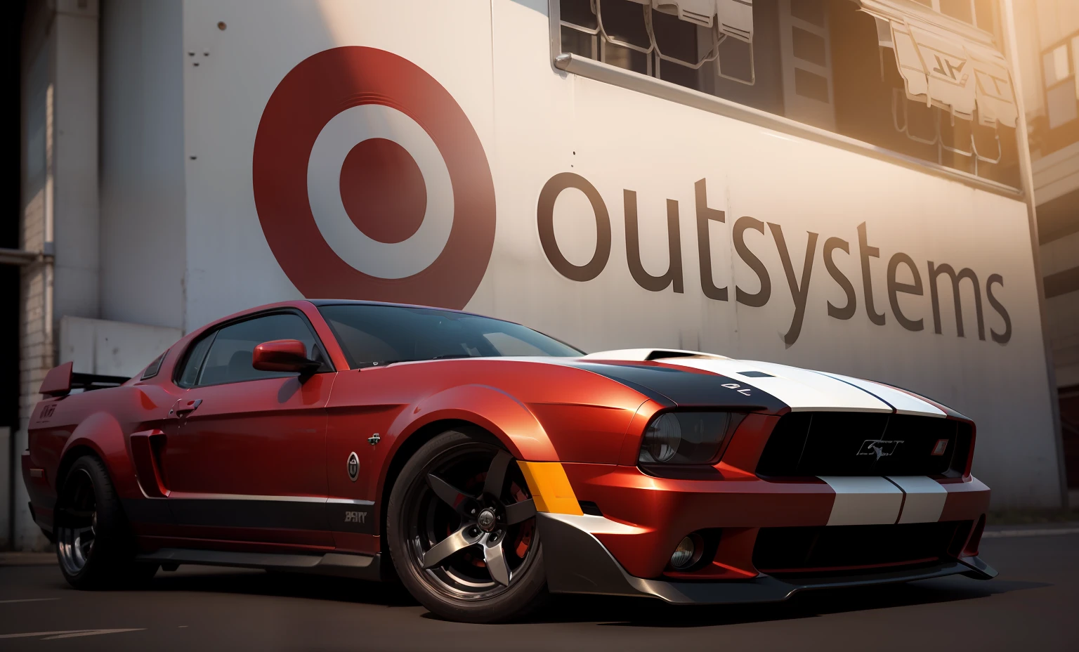 [Real Photo] [1968 Ford Mustang Shelby], [breathtaking two-color painting 70% red 30% white] clean highly detailed, photorealistic masterpiece, professional photography, realistic car, [isometric], vibrant color vector, sharp focus, volumetric mist, 8k UHD, DSLR, high quality, grain film, Fujifilm XT3 [Breathtaking car paint, red base and white accents] [the Outsystems logo and phrase in 3D luminous sign] [the driver of the car is dressed in a racing suit and helmet, he is going to get into the car] [the car is facing the camera]