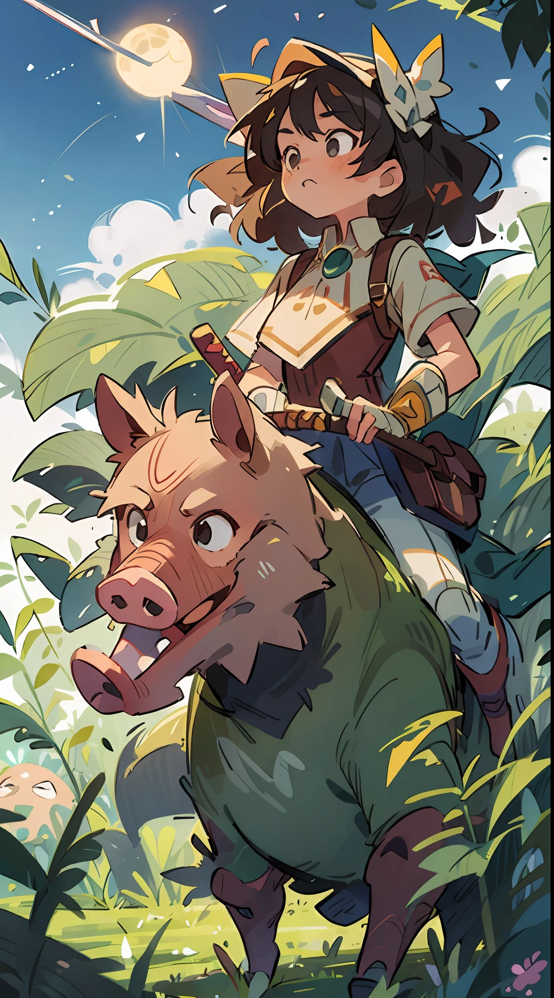 grass field，A girl rides on the back of a pig，cavalier，the night，Starry，Girl with sword