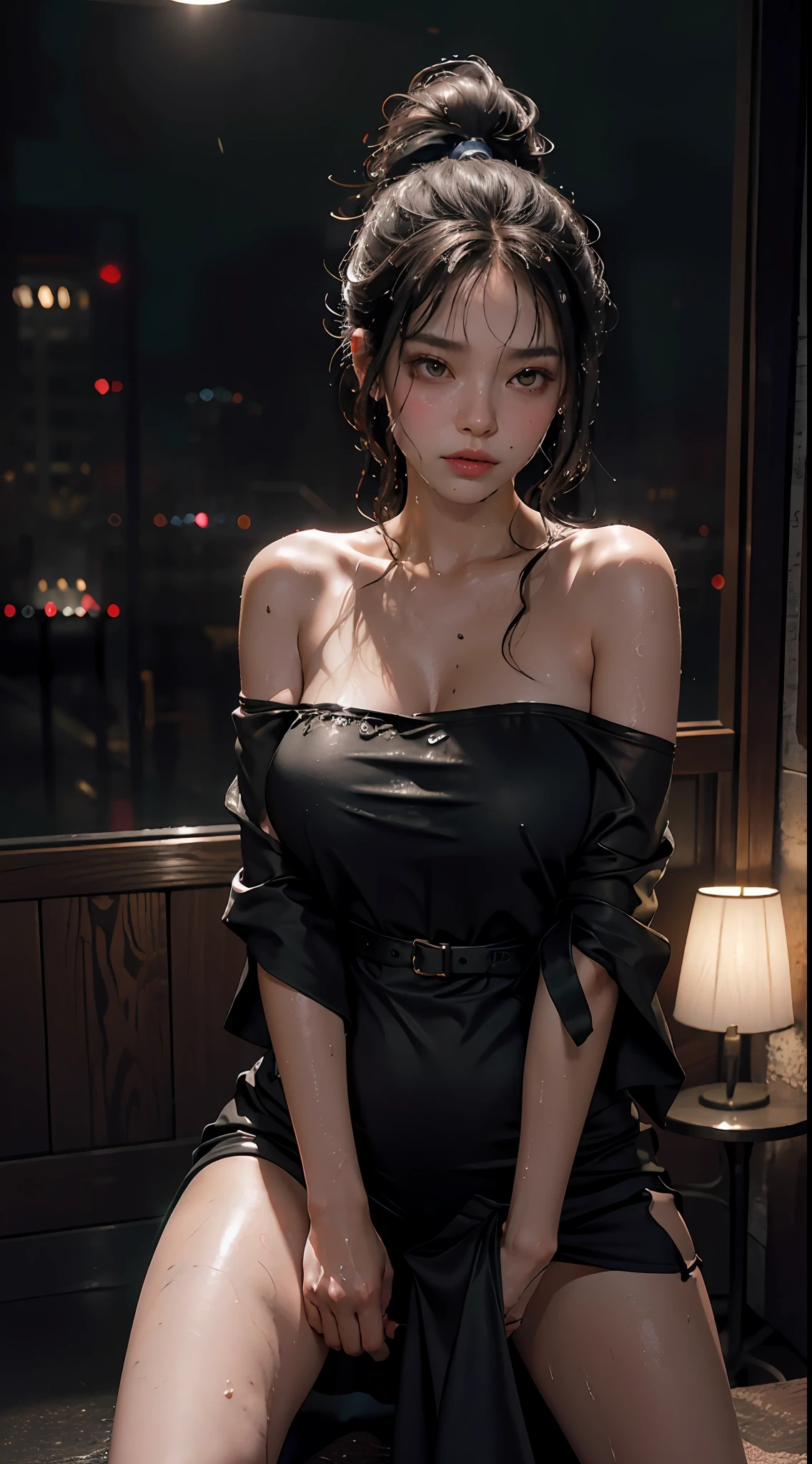 Top quality, masterpiece, ultra high resolution, (photoreal: 1.4), raw photo, one girl, off-shoulder, movie lighting, ponytail, black slit long dress, thighs, (heavy rain, fog, wet, underwear), standing nightclub entrance, see-through, woman with toys between legs, squirming with remote control, crotch dripping with bewitching love juice, coated underwear and inner thighs. She blushed and looked at me,