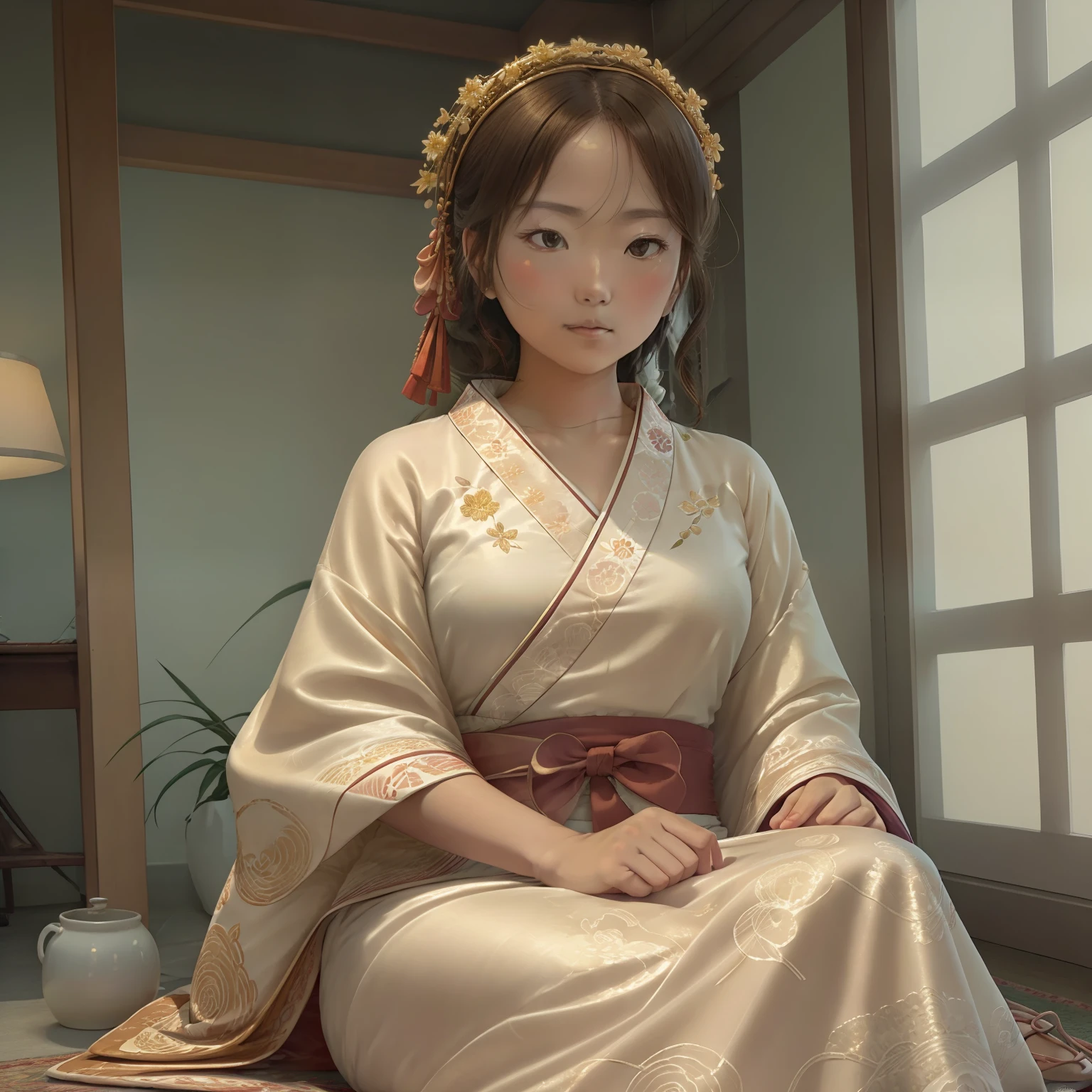 A captivating image capturing the elegant yet contemplative kimono worn by the character's beautiful woman, who will become her mother-in-law. The kimono's flowing designs are embellished with delicate details, such as intricate embroidery, and a matching set of shoes. The warm, golden light from a wide aperture highlights the soft, natural light filtering through the kimono, emphasizing the soft, luminous tones of the scene. shallow depth of field, natural light, studio ghibli style