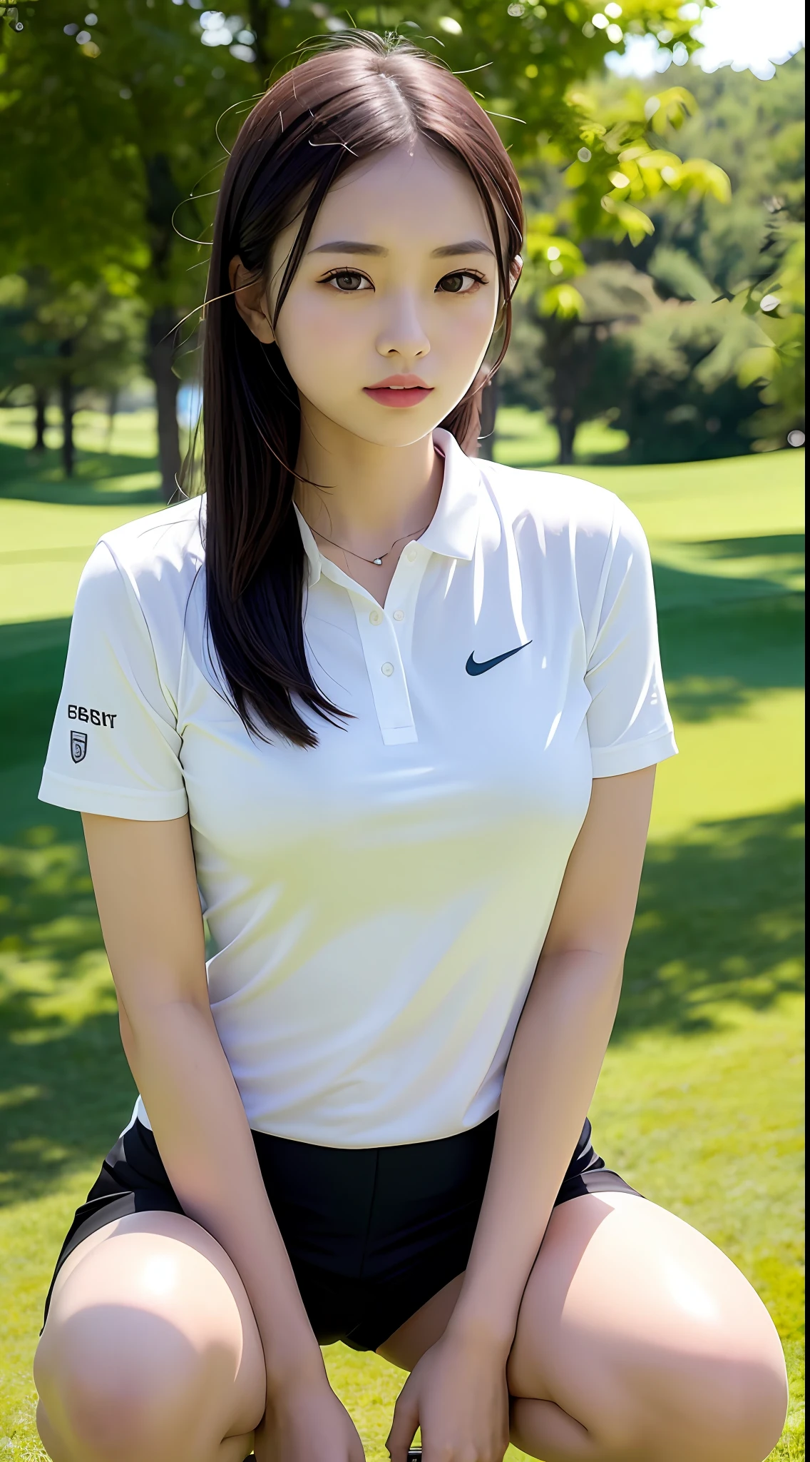 (yinchuan:1.5),, masterpiece, top-quality, Raw foto, Photorealsitic, large full breasts、beautiful and flawless face, Soft smile、20 years girl、Colossal tits、Women's Golf、Golf Wear、greenr、crouching down、depth of fields, hight resolution, ultra-detailliert, finely detail, ighly detailed, extremely detailed eye and face, Sharp pupils,