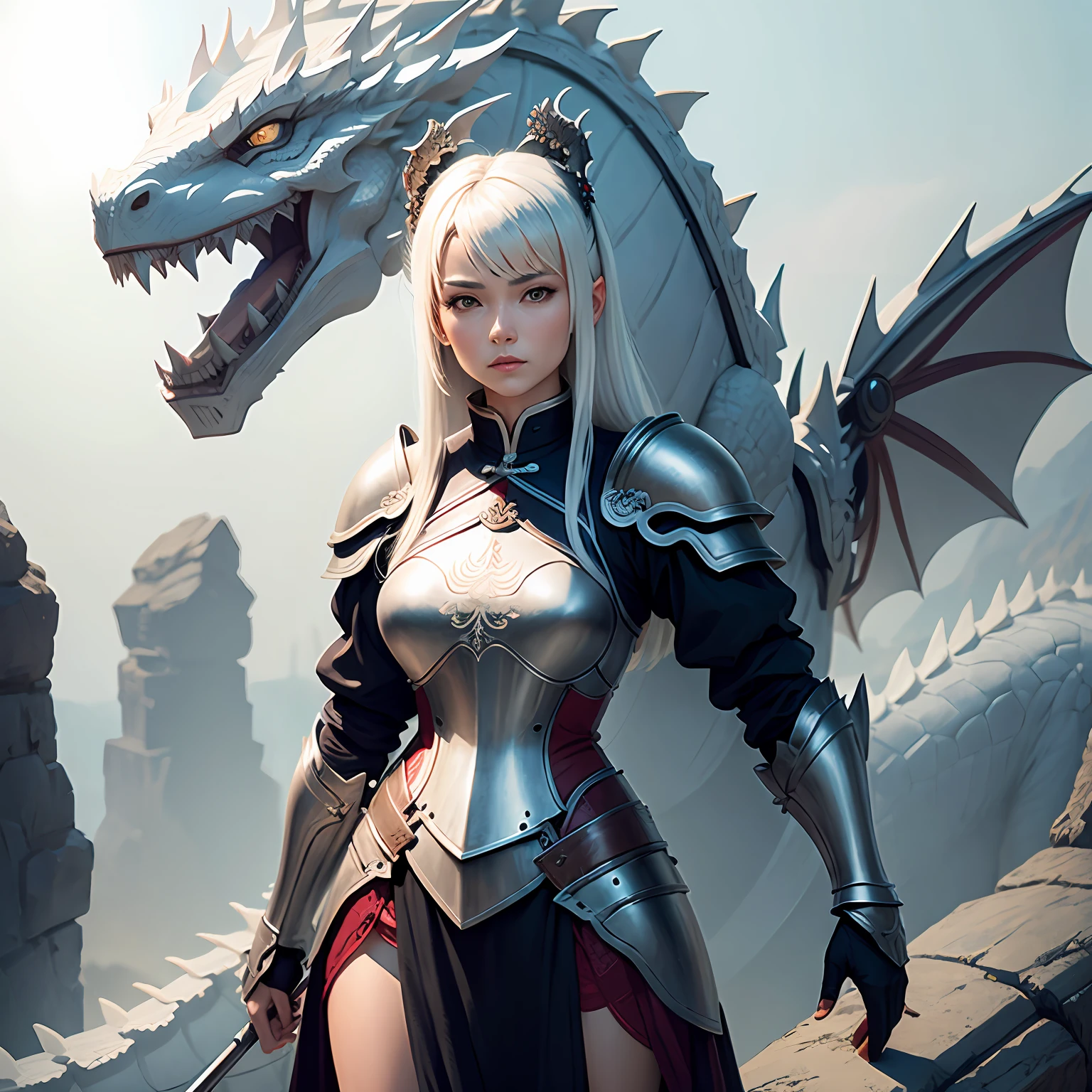 A woman in armor stands on a white Chinese dragon --auto