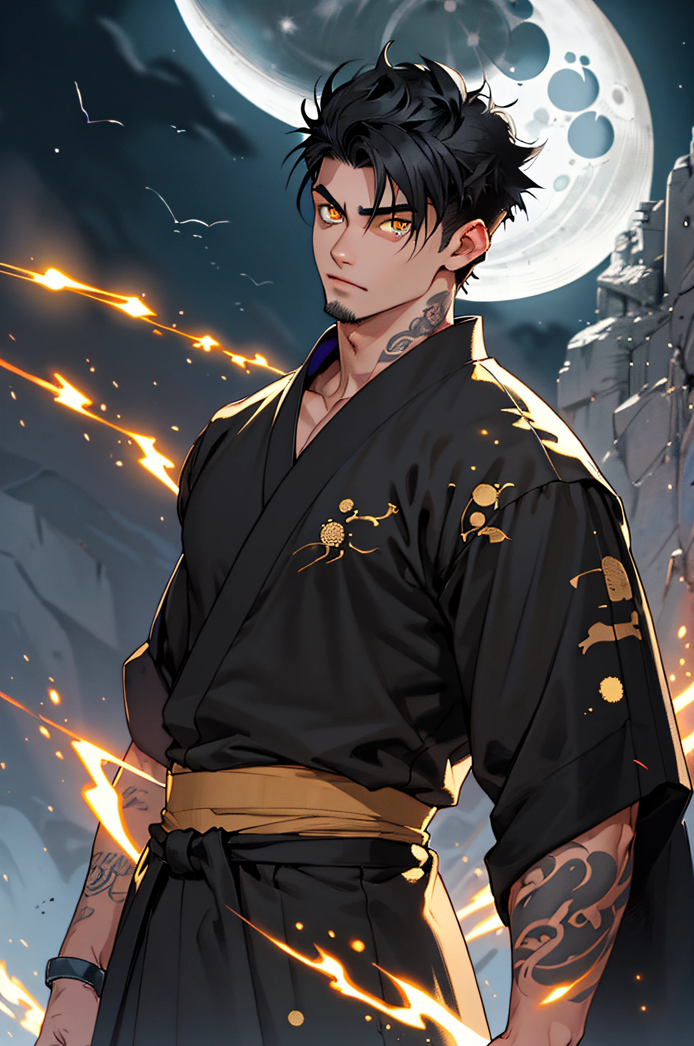 Muscular handsome guy standing in front of the night sky on an abandoned asteroid, wearing short kimono, samurai tattoos, yokai tattoos, 24 years of age, lean full muscles, Upper body only, waist up only, revealing upper body, Muscular, Tight body, Tight muscles, hyper colorful, (Black hair:1.8), (fade haircut:1.4), (Golden eyes:1.34), demon slayer magic particles, embers in the night, (No moon:1.8)