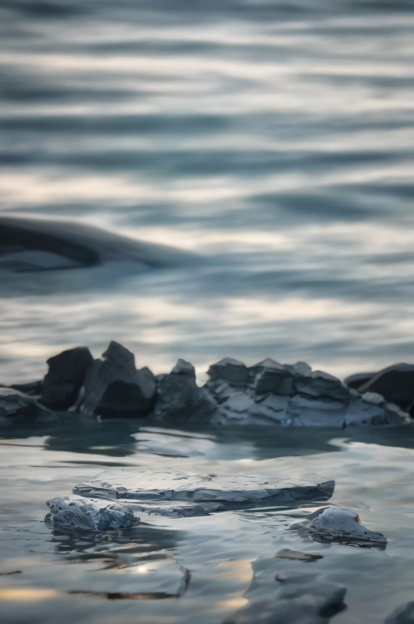 Stones in the water，Subtle depth of field，Rocky ocean landscape of floating rocks and jagged rocks，Unreal or extremely shallow depth of field，photorealistic landscapes，Small depth of field，high detal，4K，High fineness
