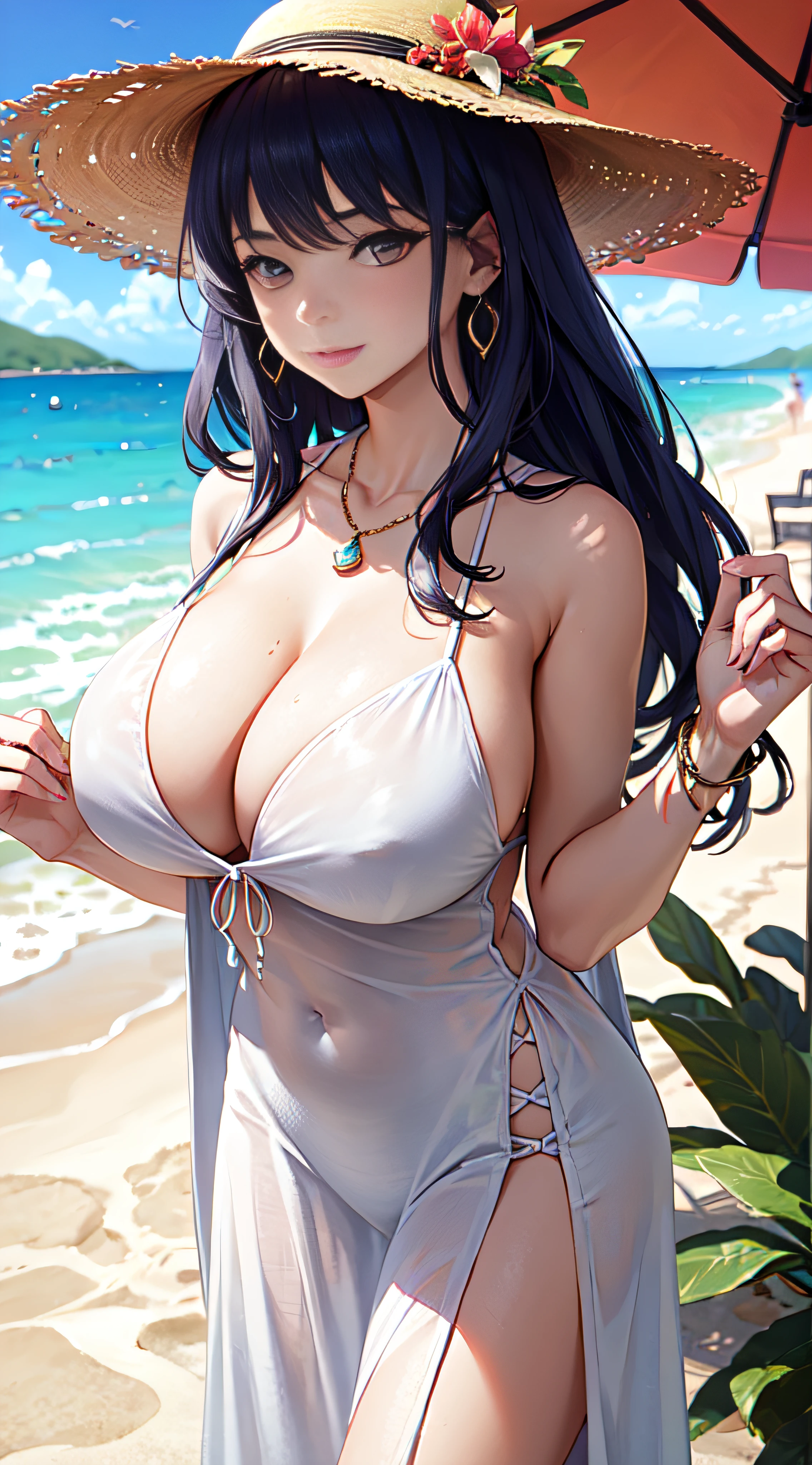 (masterpiece:1.2, best quality), (1lady, solo, upper body:1.2), Clothing: white flowy maxi dress, wide-brimmed hat, strappy sandals, Accessories: shell necklace, Hair: loose beach waves, Makeup: natural, glowing skin, Behavior: relaxed, carefree, free-spirited, Location: beach, resort, outdoor festival, red eyes, huge tits,