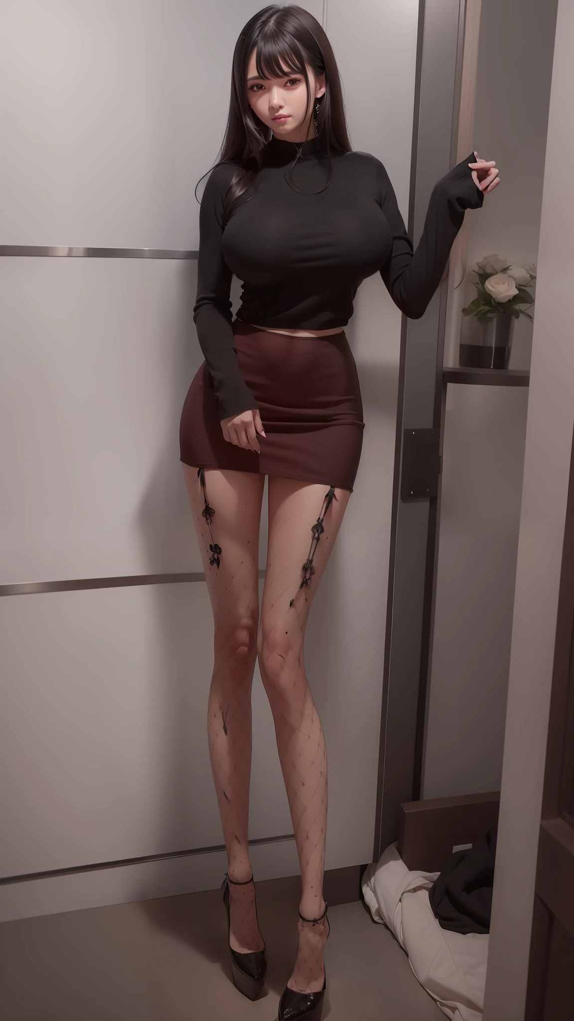 There is a woman in a short skirt and a white shirt posing, Highly detailed, Full body picture, cute elegant pose, highly detailed whole body, full body render,oversized boobs,high-heels,Ultra-high facial detail,Delicate face,Perfect face,Slender legs,Perfect legs,Highest image quality,A masterpiece