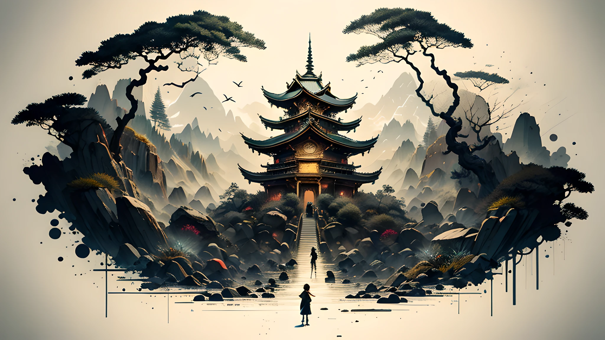 Absurd, high resolution, ultra-detailed, (1 girl:1.3), broken, design a beautiful temple scene, intricate architecture, lush gardens, and a sense of peace and spirituality. Broken, creating an image of a destructive demon with terrifying features, dark powers, and a thirst for chaos and destruction. Broken, designed with a fisheye effect image that captures a wide field of view with a unique curved viewing angle. Break to create rooftop views in urban environments with panoramic cityscapes, dramatic skylines, and a sense of elevation. Break , illustrating the tender moments between parents and children, capturing their bonds, love, and connection. Broken, using pointillism to illustrate images, carefully placed tiny dots of color to create a cohesive and visually stunning whole.