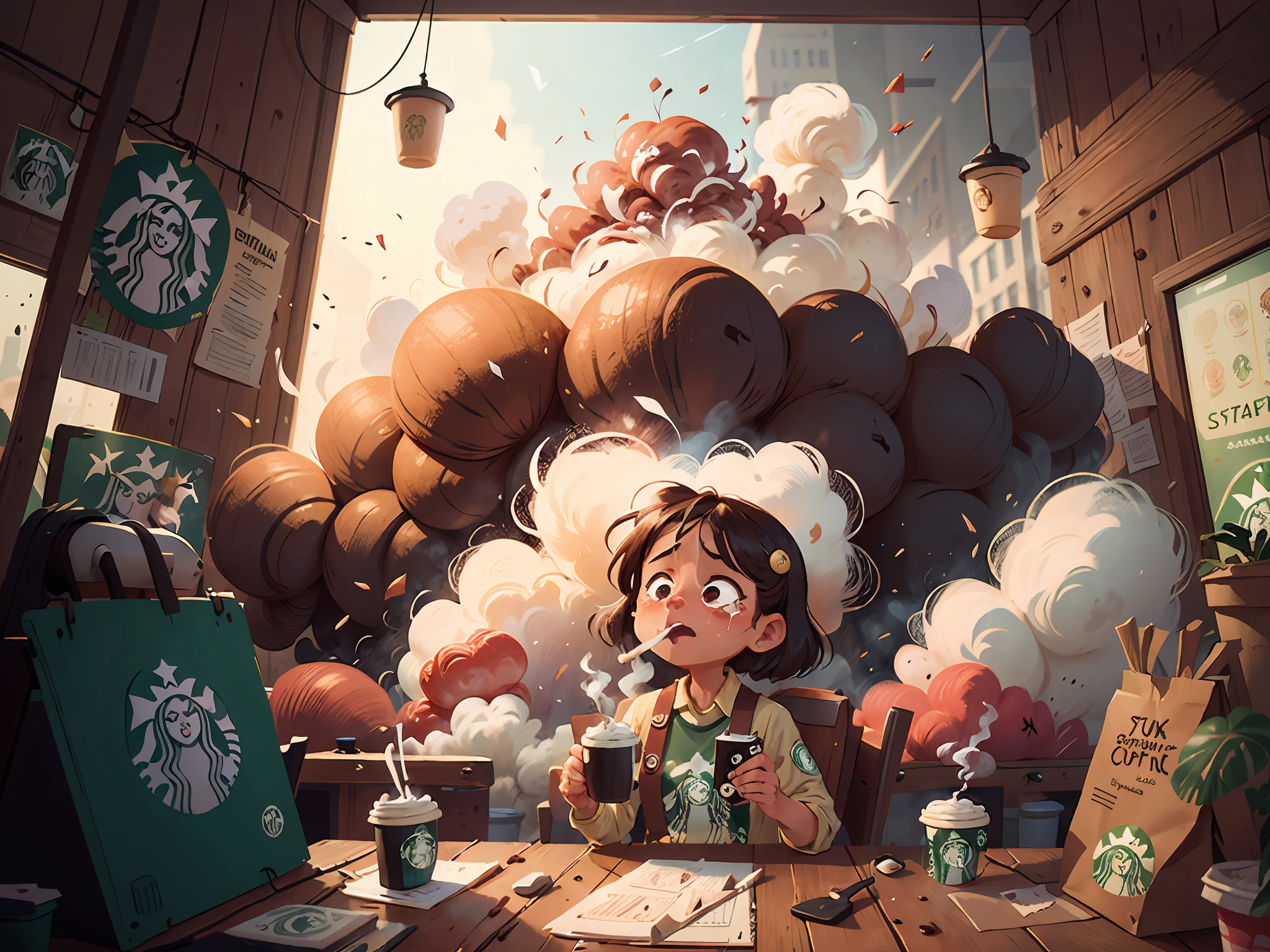 "coffee explosion in a Starbucks, crying barista, smoke, captured on a Kodak film"