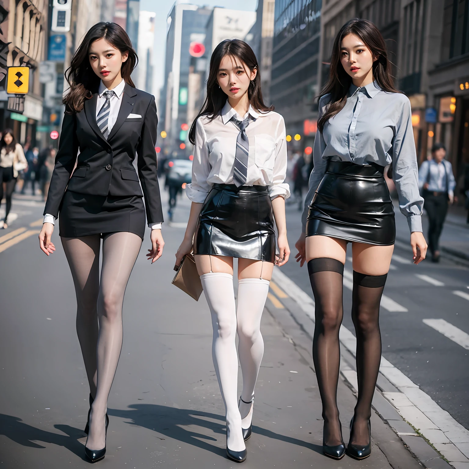 high qulity,Best quality at best,(Full body like),Refined face,(Nice face),long whitr hair,being thin,(Grey Stockings),(lacepantyhose),Tight suit,office lady uniform,perfect body figure,high-heels,Raised sexy,Bigchest,Tight skirt,In the metropolis,huge tit,The shirt,(Three beautiful Korean ladies),(exposing her chest),long leges,Thin leg,are standing,