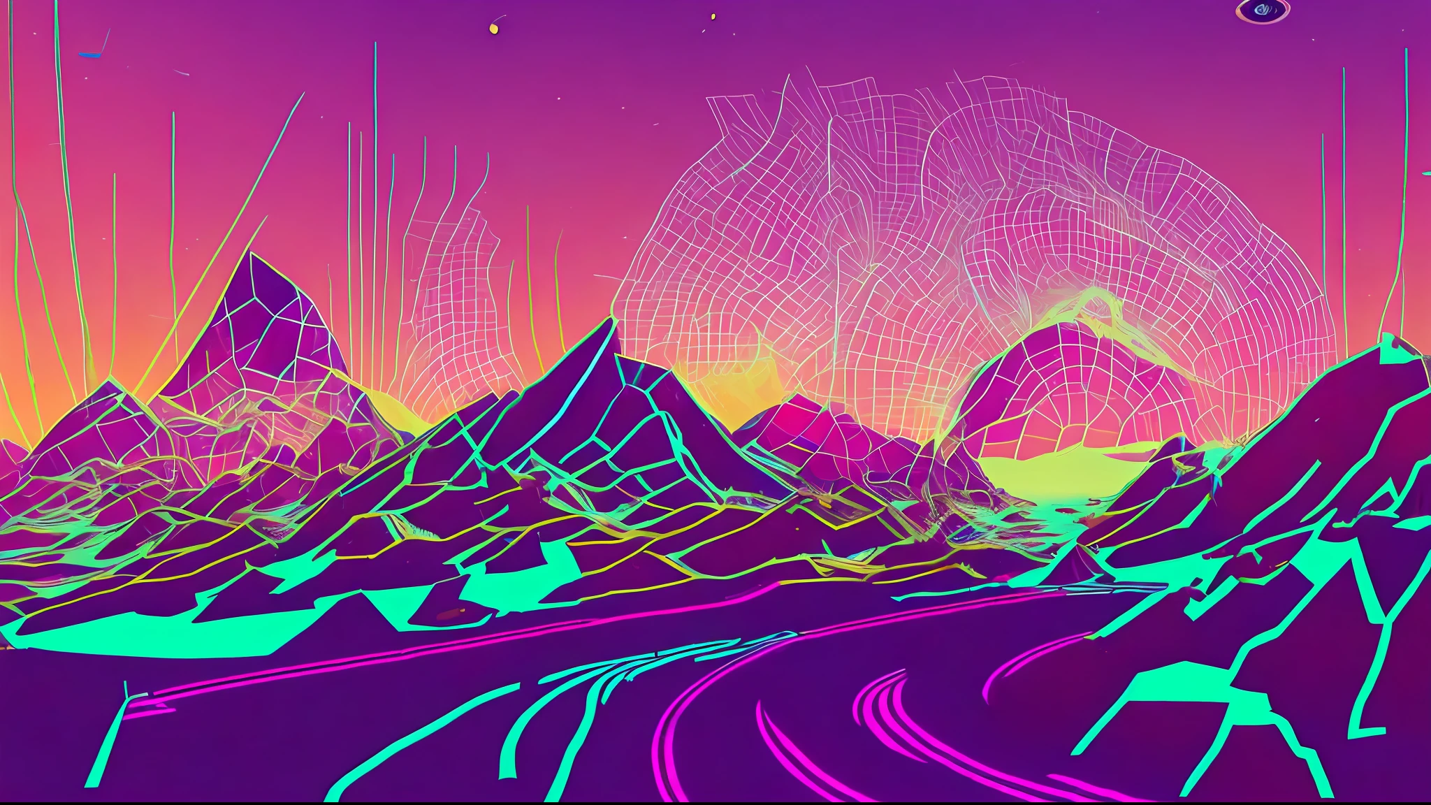 Wireframe neon line, (dark: 1.2) background is (line polygon mountain: 1.2), (Saturn with rings behind the mountain: 1.2), snthwve style wallpaper