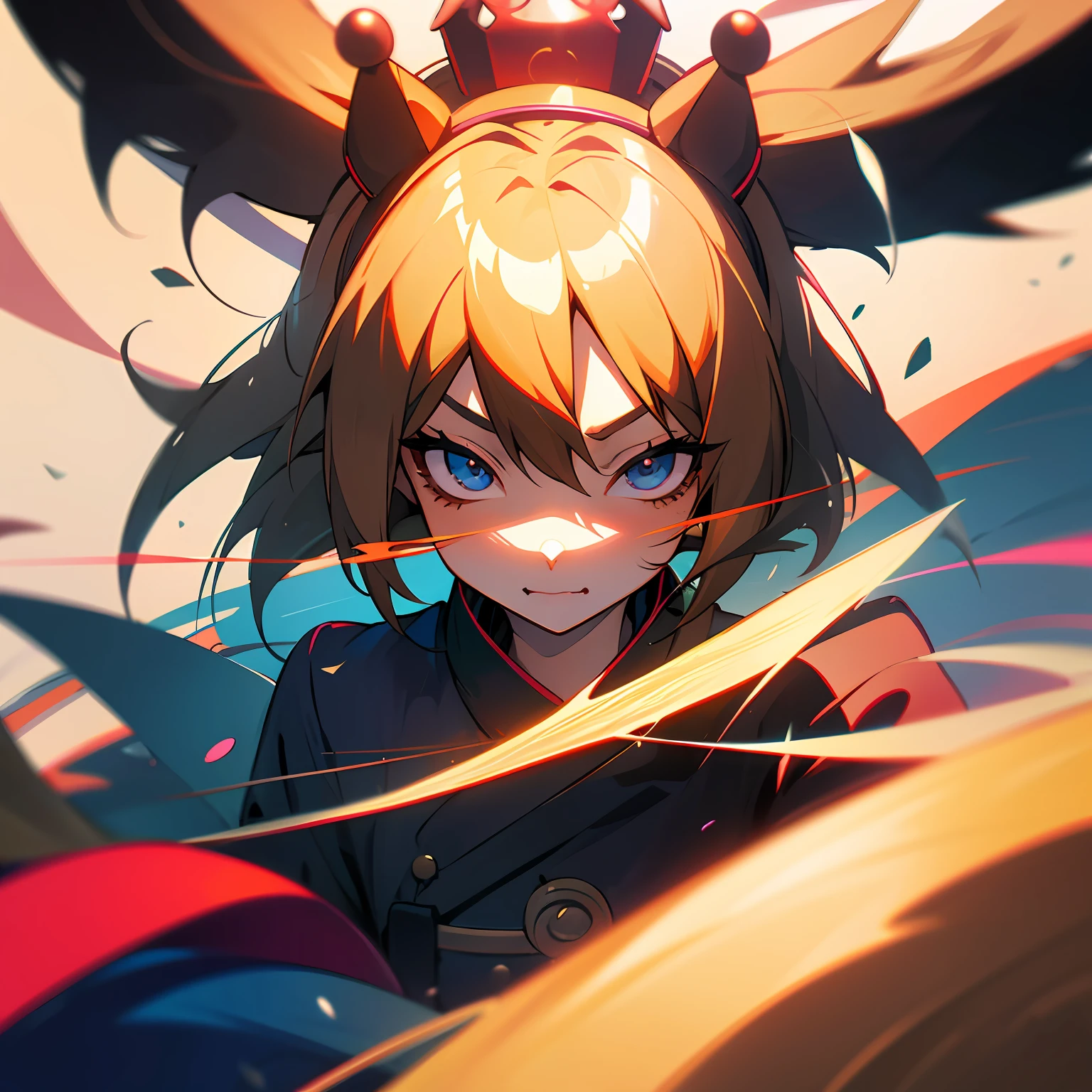 black hair, hair bobbles, wince, longeyelashes, solid circle eyes, fake animal ears, fang, blonde hair, crown, Surrealism, drop shadow, anaglyph, stereogram, tachi-e, pov, atmospheric perspective, anime style, 8k, super detail, ccurate --auto