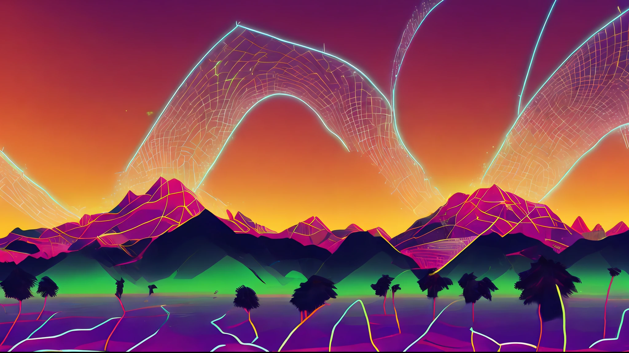 Wireframe neon line, (dark: 1.2) background is (line polygon mountain: 1.2), (Saturn with rings behind the mountain: 1.2), snthwve style wallpaper