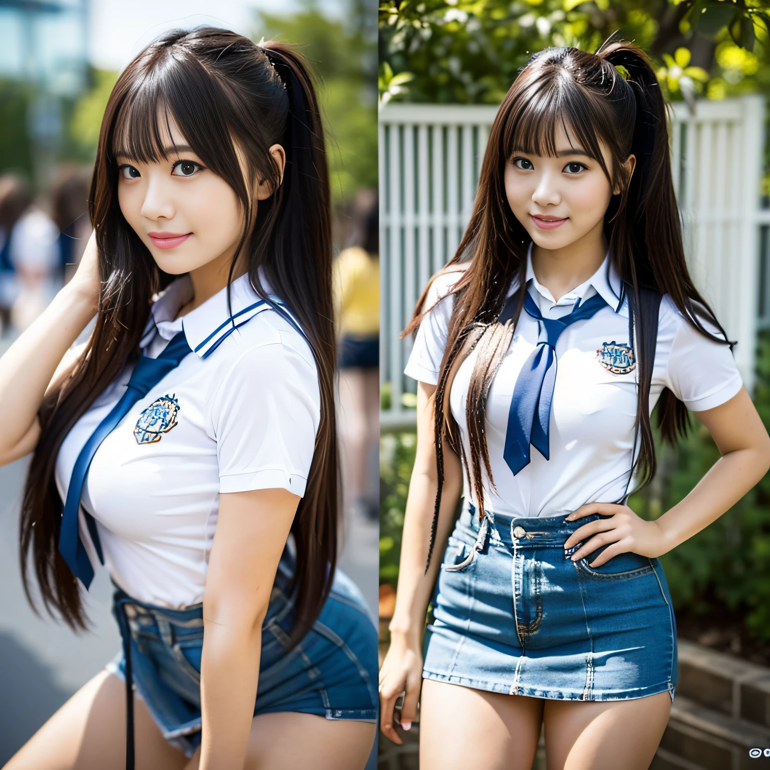 ((Top Quality, 8k, Masterpiece: 1.3)), Perfect Figured Pretty Woman: 1.4, (Big: 1.2), Highly Detailed Face and Skin Texture, Detailed Eyes, High School Student, Uniform, Blouse, Mini Skirt, (Pose at School: 1.2), 1girl, Cinematic, Full Body, Japan Goddess, Long Hair, Smile, With Students, Being Watched by People, Bending Pose