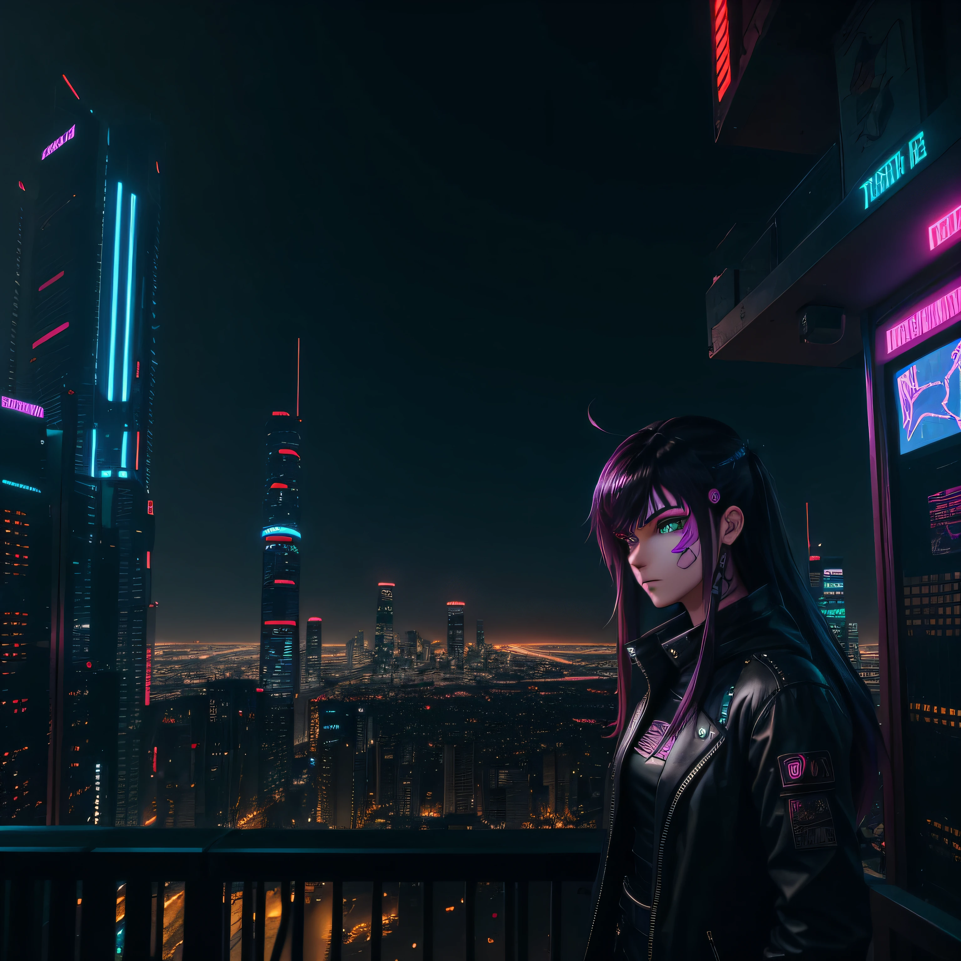 The city at night, Cyberpunk style clothes, A cybercity full of neon lights, byself, Rooftop, looking over city, gradient hair, black hair, red hair, huge ahoge, straight hair, long hair, facepaint, heterochromia, lonely, anime, stereogram, super detail, high details, high quality, best quality, highres, 4K --auto
