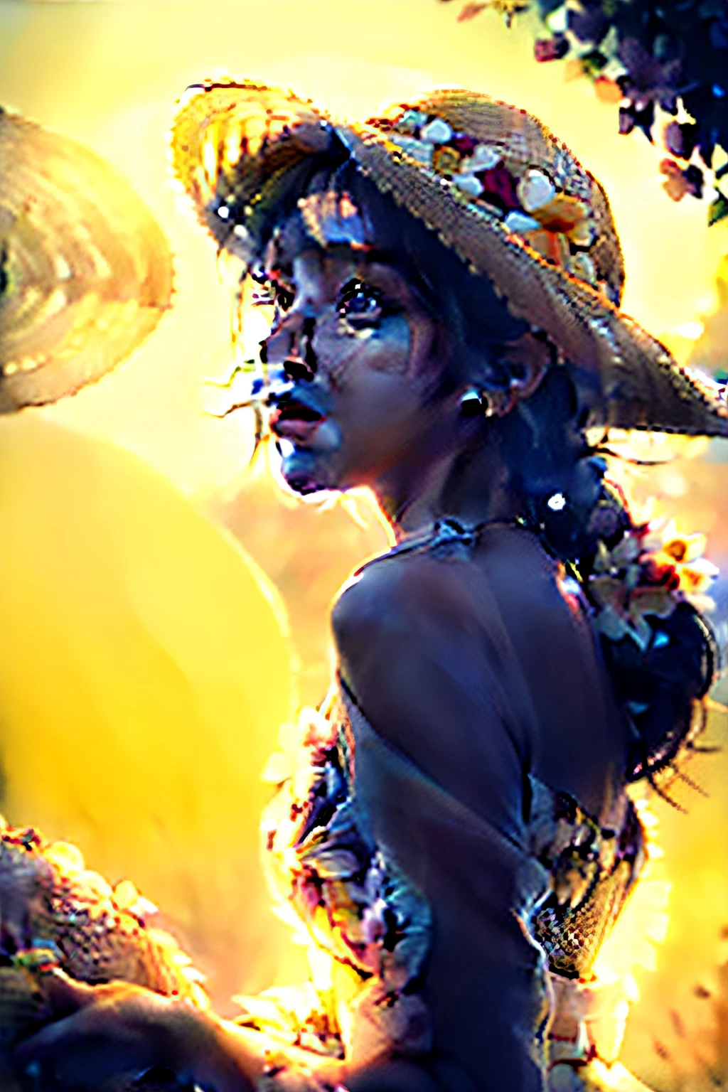 (extreme close up:1.5), (face focus:2),(Style of ???? ???:1.5),
((side face:2)),(1girl surrounded by soft_light:1.5), (backlighting:1.8), (lighting),(flowing fabric:1.3), ((Floral_summer_dress:1.5),(Straw_hat:1.3)),
(masterpiece), realistic, HDR, highly detailed, 8k, raw photo,
ambient occlusion, natural, harmonious composition, warm tones, fine art photography,