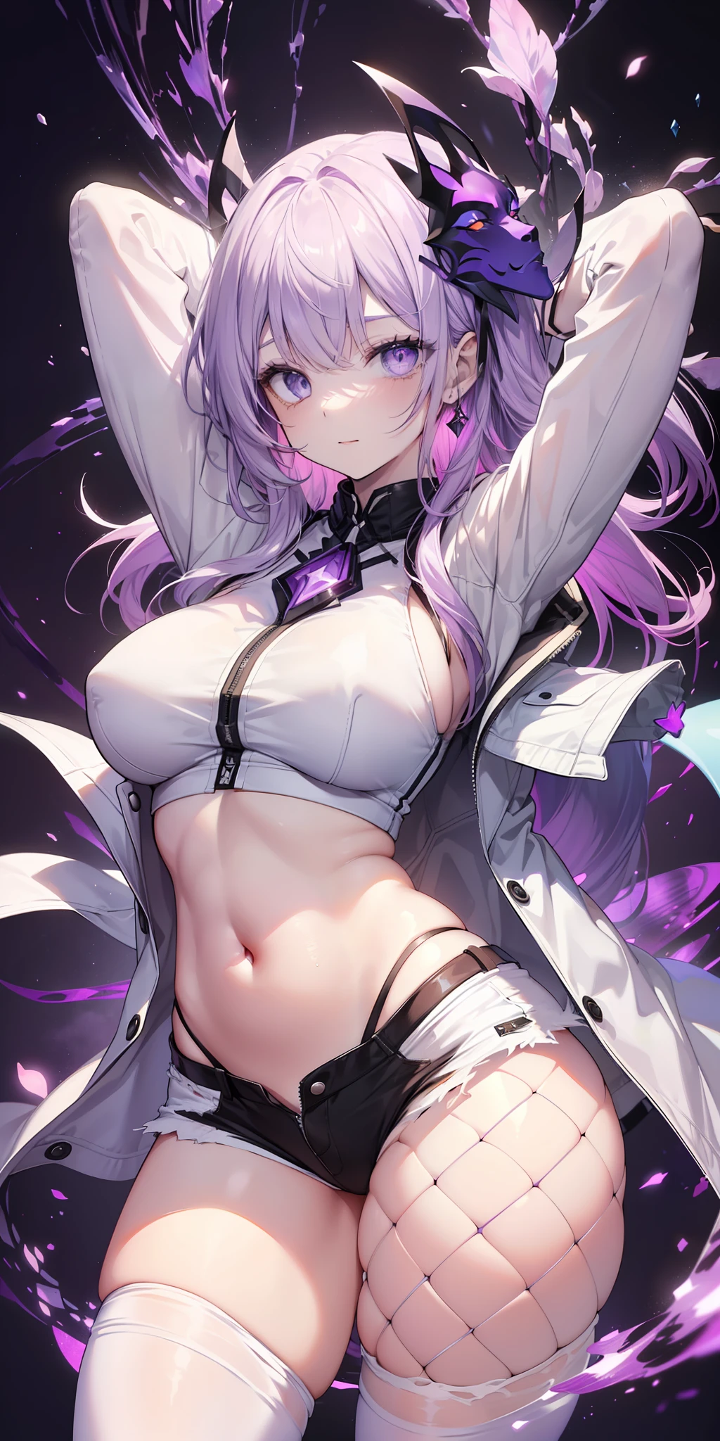 ((masterpiece)), ((best quality)), ((anime profile style)), ((HD 4k)), ((female character)), ((pale skin)), ((Beautiful body) ), girl, female face, Happy, ((white mask on mouth)), ((Light lilac eyes)), Eyelid, Pupil, Sclera, Iris, eyebrow, eyelashes, ear, nose, ((giant lilac hair)), ((fringe)), ((hair detail)), ((light effects on hair)), ((white shirt)), ((white jacket)), ((white ripped jeans)), ( (white fishnet tights)), white sneakers, ((lights effect on clothes)), ((body lights effect)), neck, Shoulders, (thin waist), ((perfect belly)), arms, ((thick legs)), ((big thigh)), ((lilac background)), ((lighting)), viewer view
