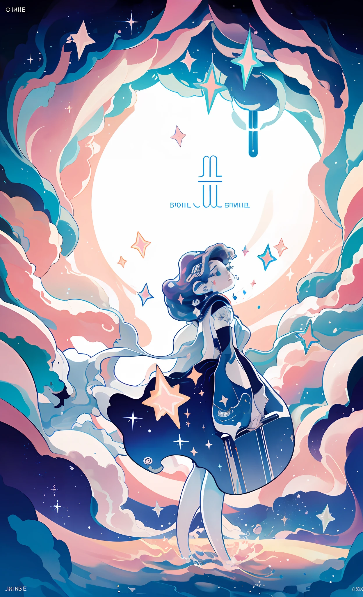 masterpiece, best quality, 1girl, space thriller movie poster, Bauhaus, shapes, lines, abstract, stars, sparkle, shiny, iridescent, (Bold title:1.6)