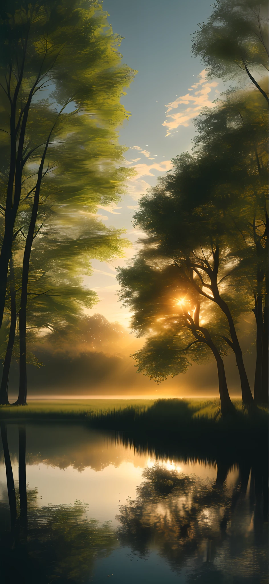 wallpaper, summer, lake, dawn, forest, detailed forest, clouds, masterpiece, cinematic, soft light, depth of field, ray tracing, reflection in water, realism, ulra detailed,