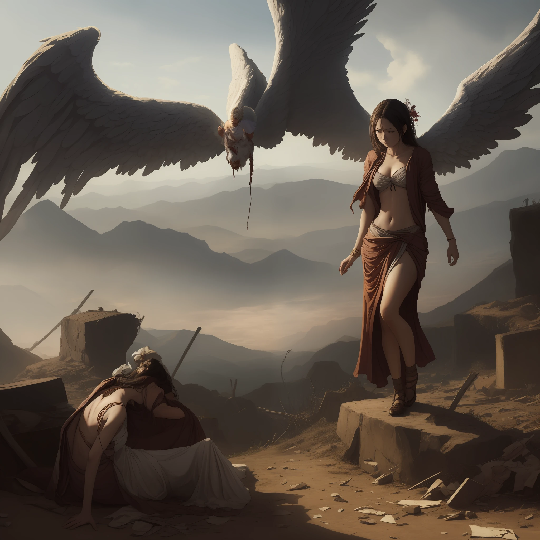 The beautiful angel was injured and her clothes were torn，Background monster，darkly，A lot of corpses，High hills，barren
