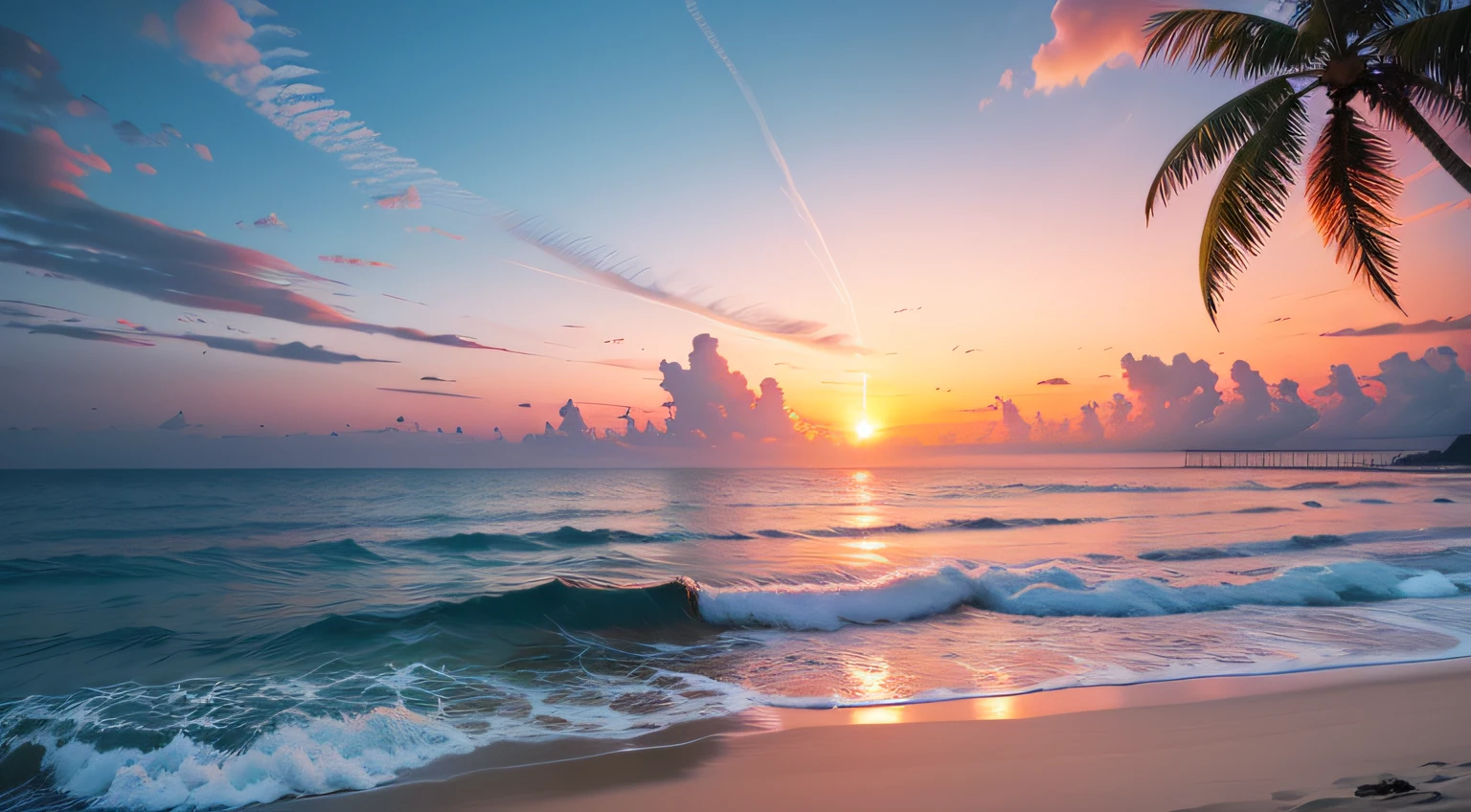 Create 4K 9：16 images，Depicts a stunning sunrise on a tropical beach，There are gentle waves and palm trees along the coast。The color palette should be vibrant，Convey a sense of renewal and positive energy --auto