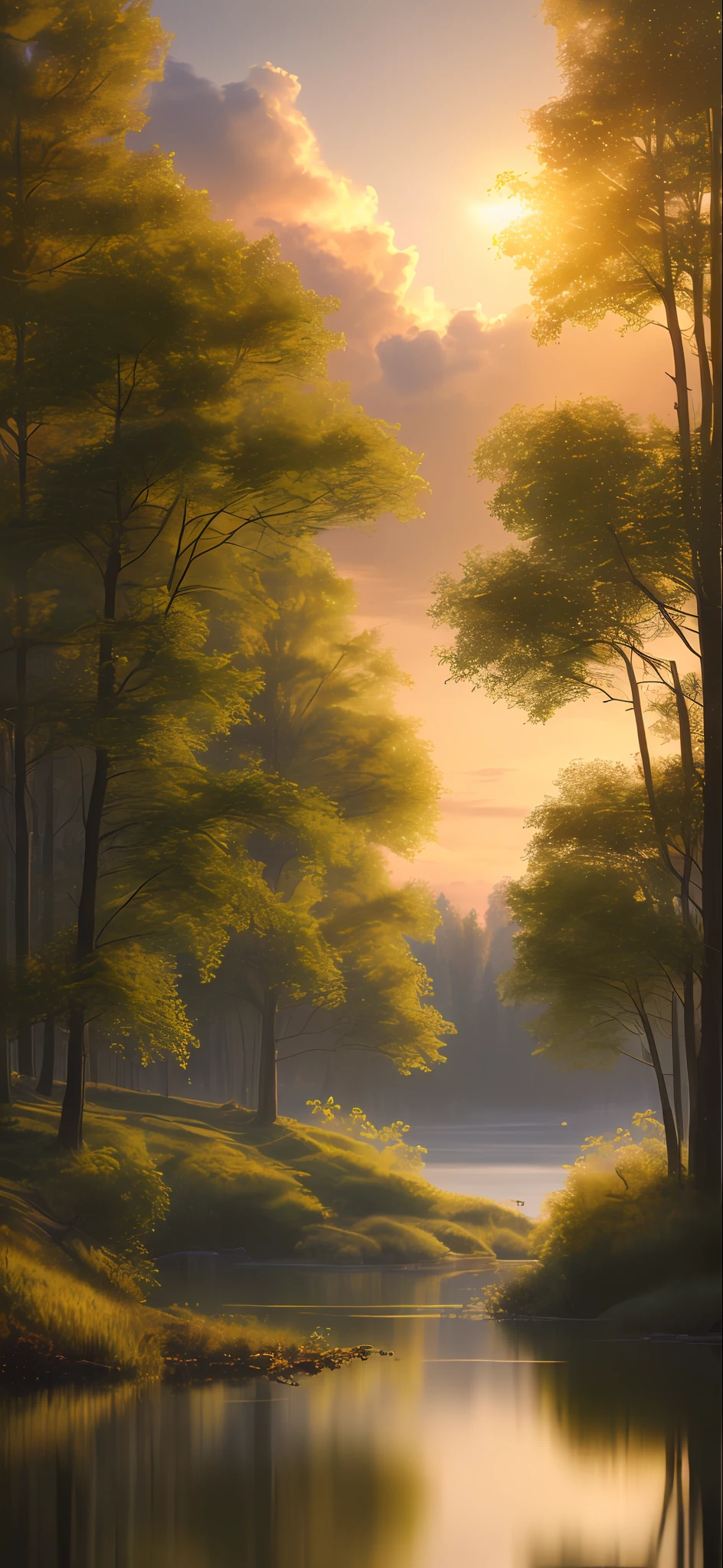 wallpaper, summer, lake, dawn, forest, detailed forest, clouds, masterpiece, cinematic, soft light, depth of field, ray tracing, reflection in water, realism, ulra detailed,