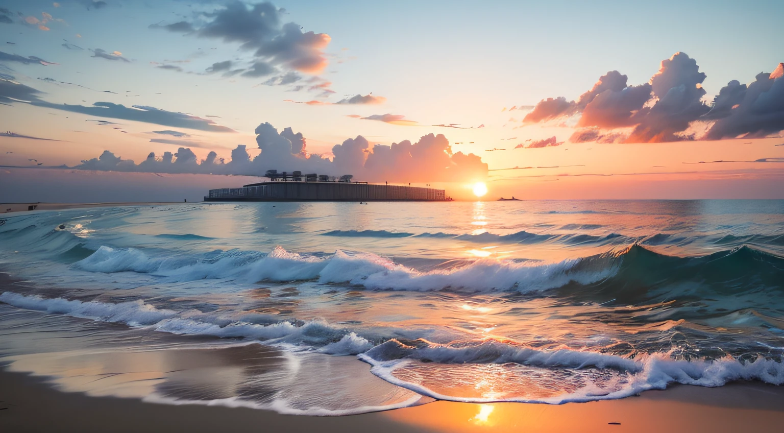 Create 4K 9：16 images，Depicts a stunning sunrise on a tropical beach，There are gentle waves and palm trees along the coast。The color palette should be vibrant，Convey a sense of renewal and positive energy --auto