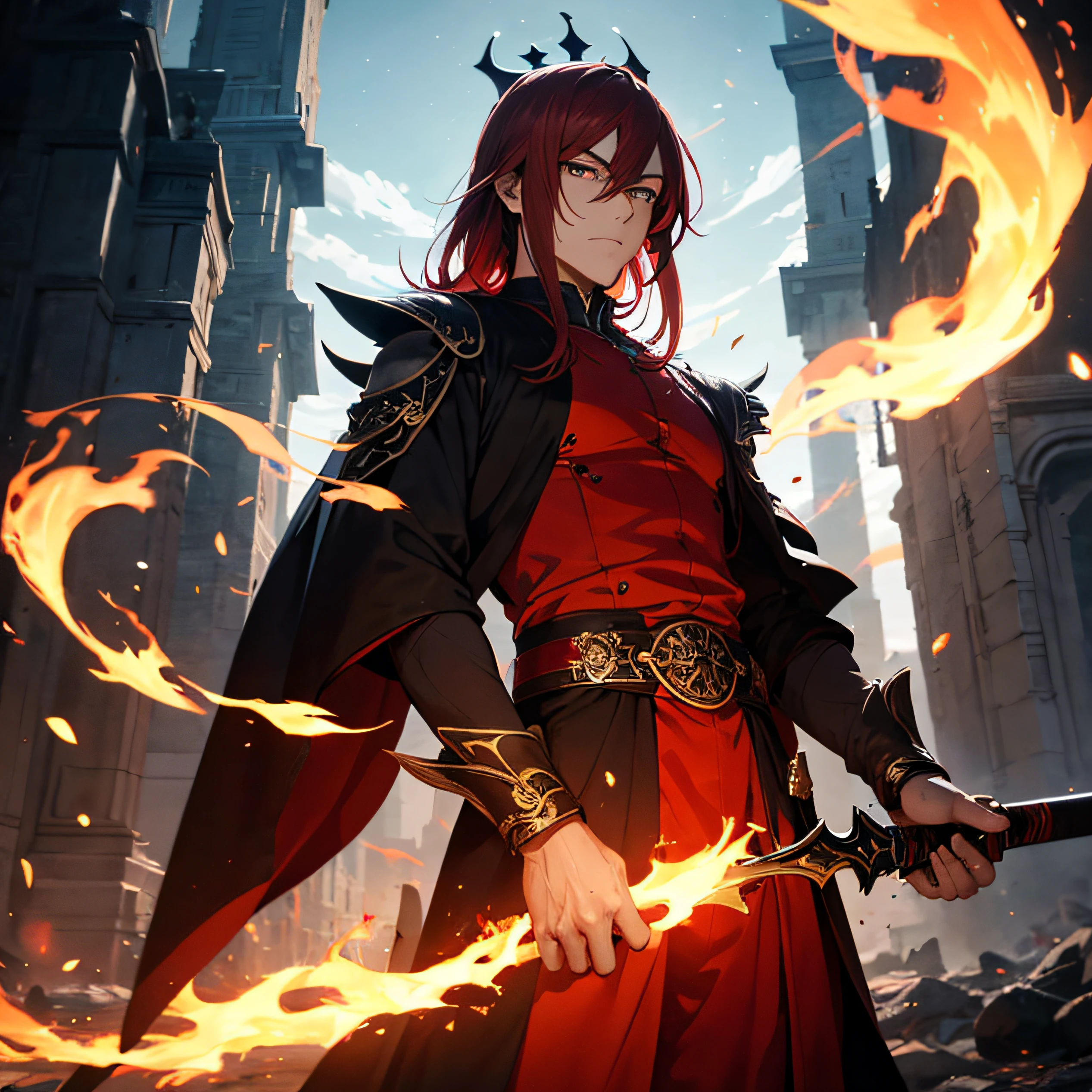 anime big breast , Chiaroscuro, color difference, back lit lighting, hyper HD, ，Crimson eyes，Long fiery red hair draped over his shoulders，In his hand was a small crimson tower the size of a palm，Star-eyed swordsman，Domineering ，Male king，Flames surround him --auto