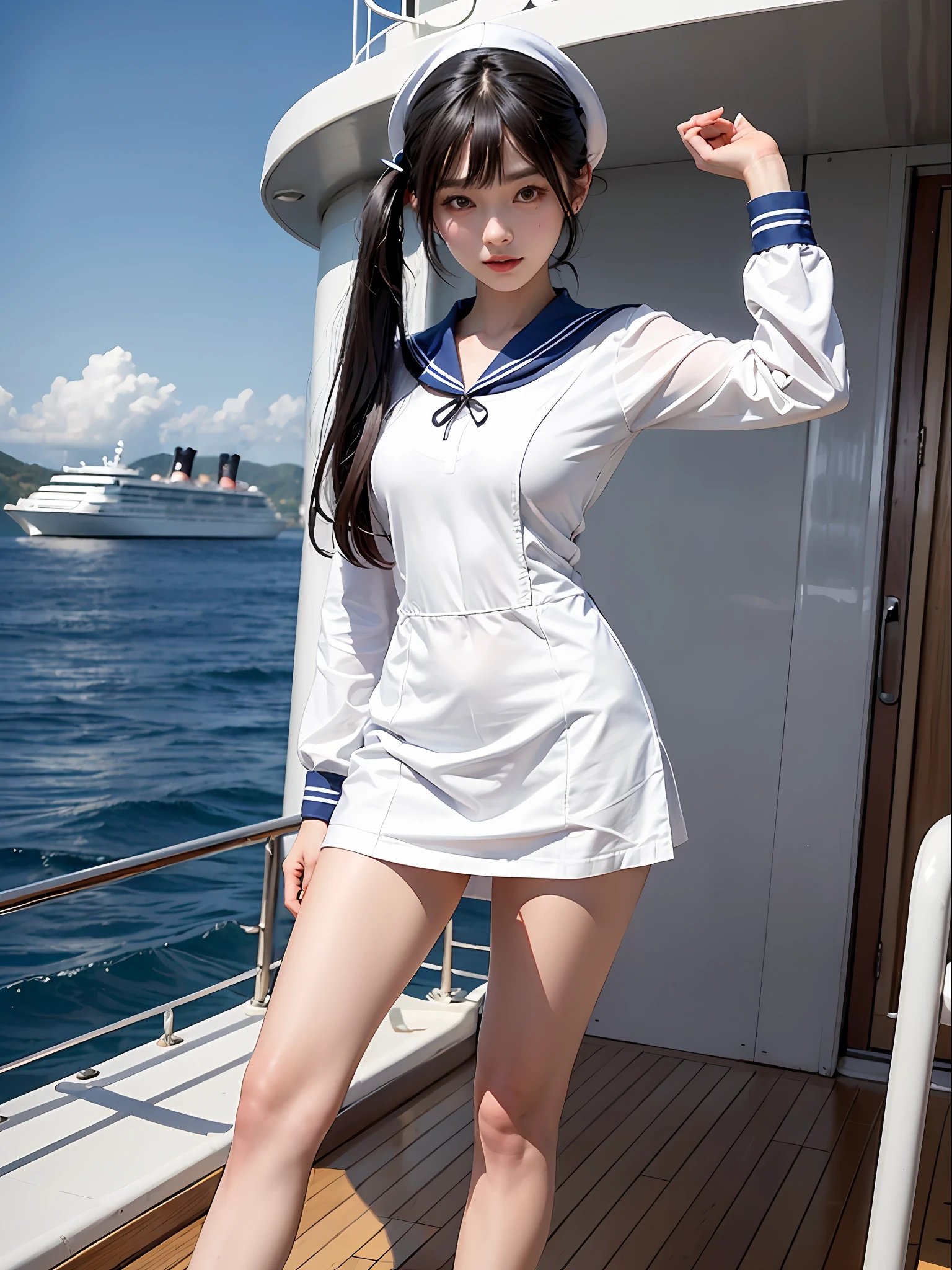 On the deck of a luxury cruise ship，mast，buoy，Pose for photos in loose blue and white sailor suits and short skirts，Slim girl model，24 years old female model，（twintails），Unilateral bangs，