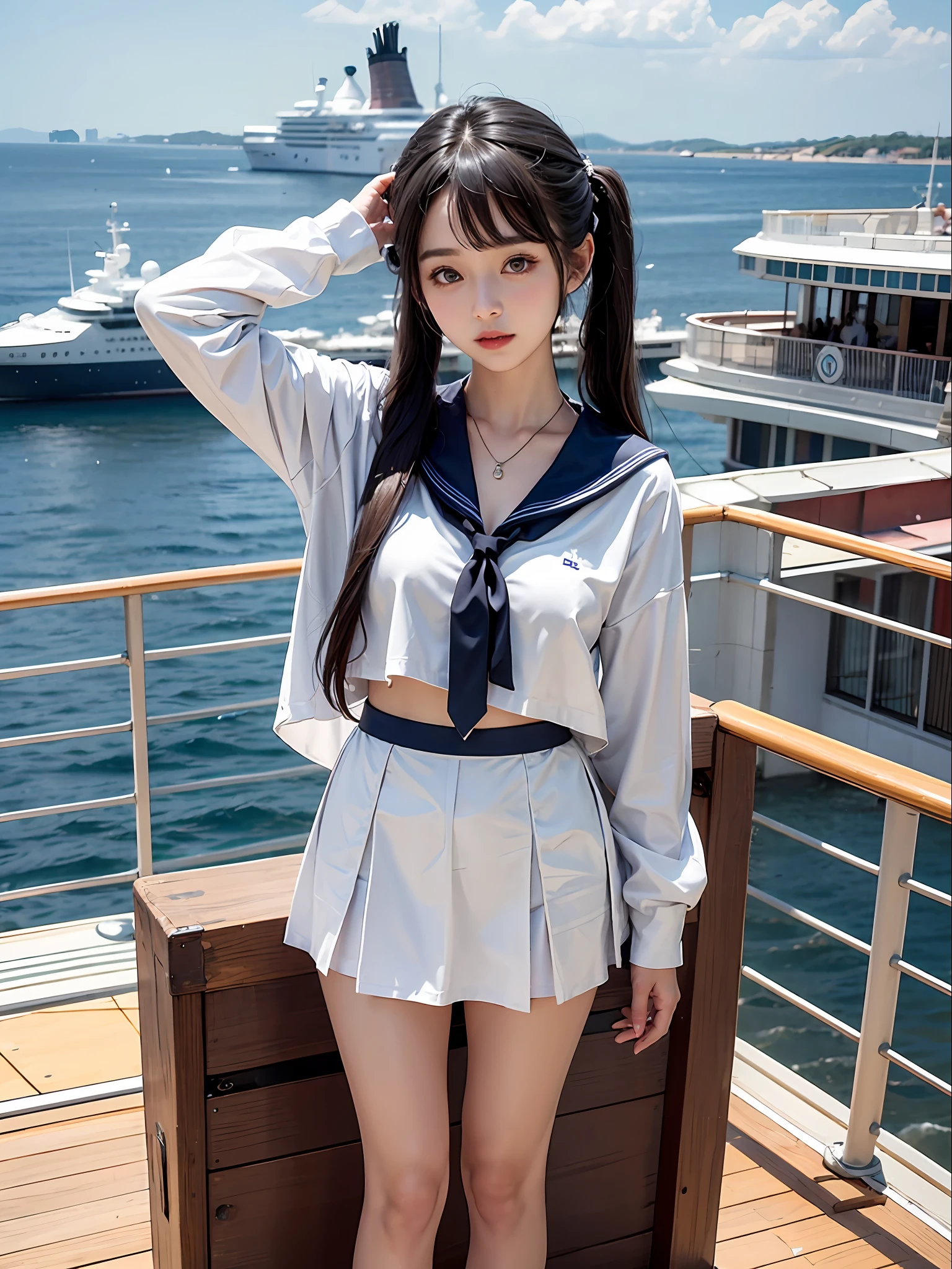 On the deck of a luxury cruise ship,mast,buoy,Pose for photos in loose blue and white sailor suits and short skirts,Slim girl model,24 years old female model,(twintails),Unilateral bangs,