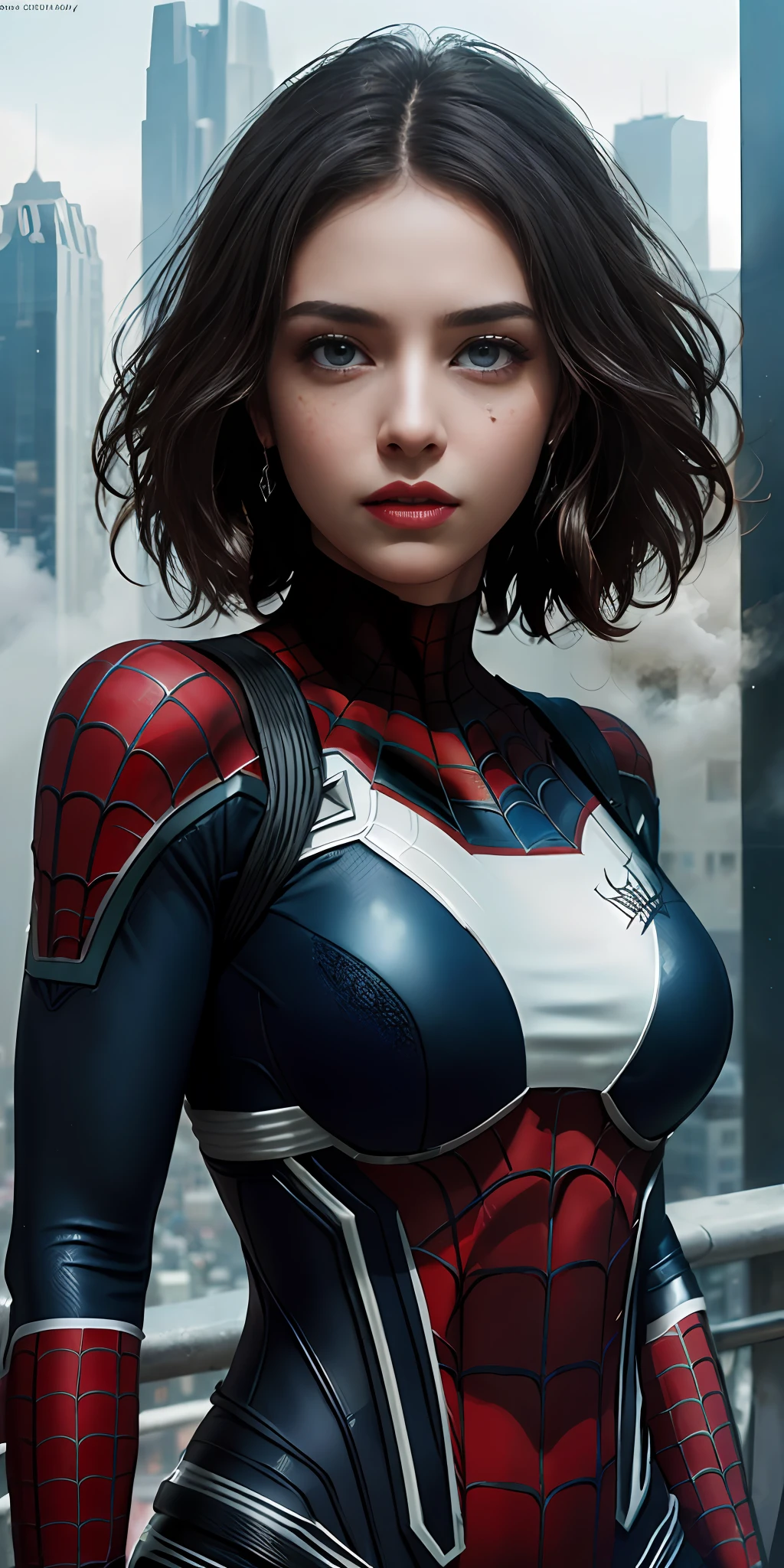 (1girl:1.3), Solo, (((Very detailed face)))), ((Very detailed eyes and face)))), Beautiful detail eyes, Body parts__, Official art, Unified 8k wallpaper, Super detailed, beautiful and beautiful, beautiful, masterpiece, best quality, original, masterpiece, super fine photo, best quality, super high resolution, realistic realism, sunlight, full body portrait, amazing beauty, dynamic pose, delicate face, vibrant eyes, (from the front), She wears Spider-Man suit, red and black color scheme, spider, very detailed city roof background, rooftop, overlooking the city, detailed face, detailed complex busy background, messy, gorgeous, milky white, highly detailed skin, realistic skin details, visible pores, clear focus, volumetric fog, 8k uhd, DSLR, high quality, film grain, fair skin, photo realism, lomography, futuristic dystopian megalopolis, translucent, large breasts:1.2