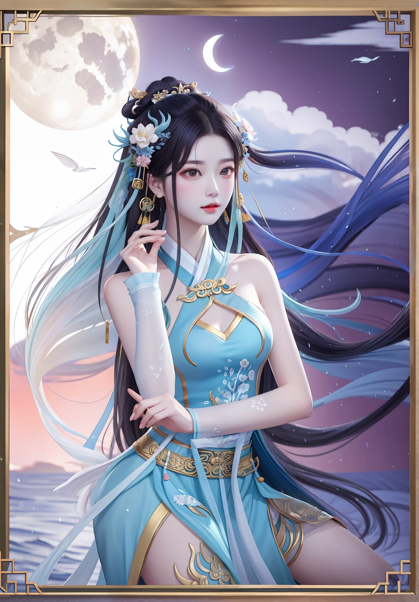 Woman in blue dress on full moon, inspired by Du Qiong, Inspired by Lan Ying, Beautiful character painting, full-body xianxia, queen of the sea mu yanling, Inspired by Qiu Ying, Inspired by Li Tang, inspired by Ju Lian, a beautiful fantasy empress, inspired by Zhao Zuo,There are no ornaments on the hands,Bare shoulders and navel,White legs