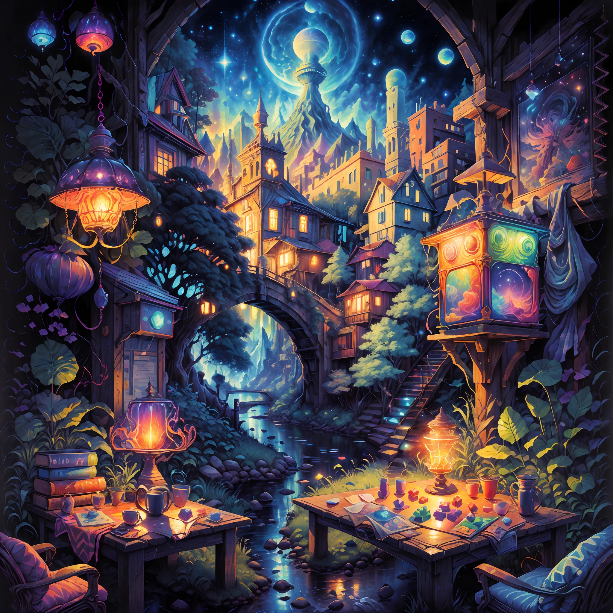 ultra-realistic realism，Magic，psychedelia，Beautiful starry sky，Ink painting，Rolling mountains，Out in the boondocks，Bright river，a rubik's cube，16k，tmasterpiece --auto