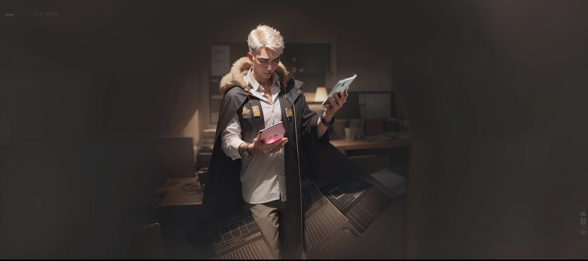 Man with iPad， office room，8k， RAW photos，（（A detailed：1.4））， sportrait， best qualtiy， 超高分辨率， realisticlying，