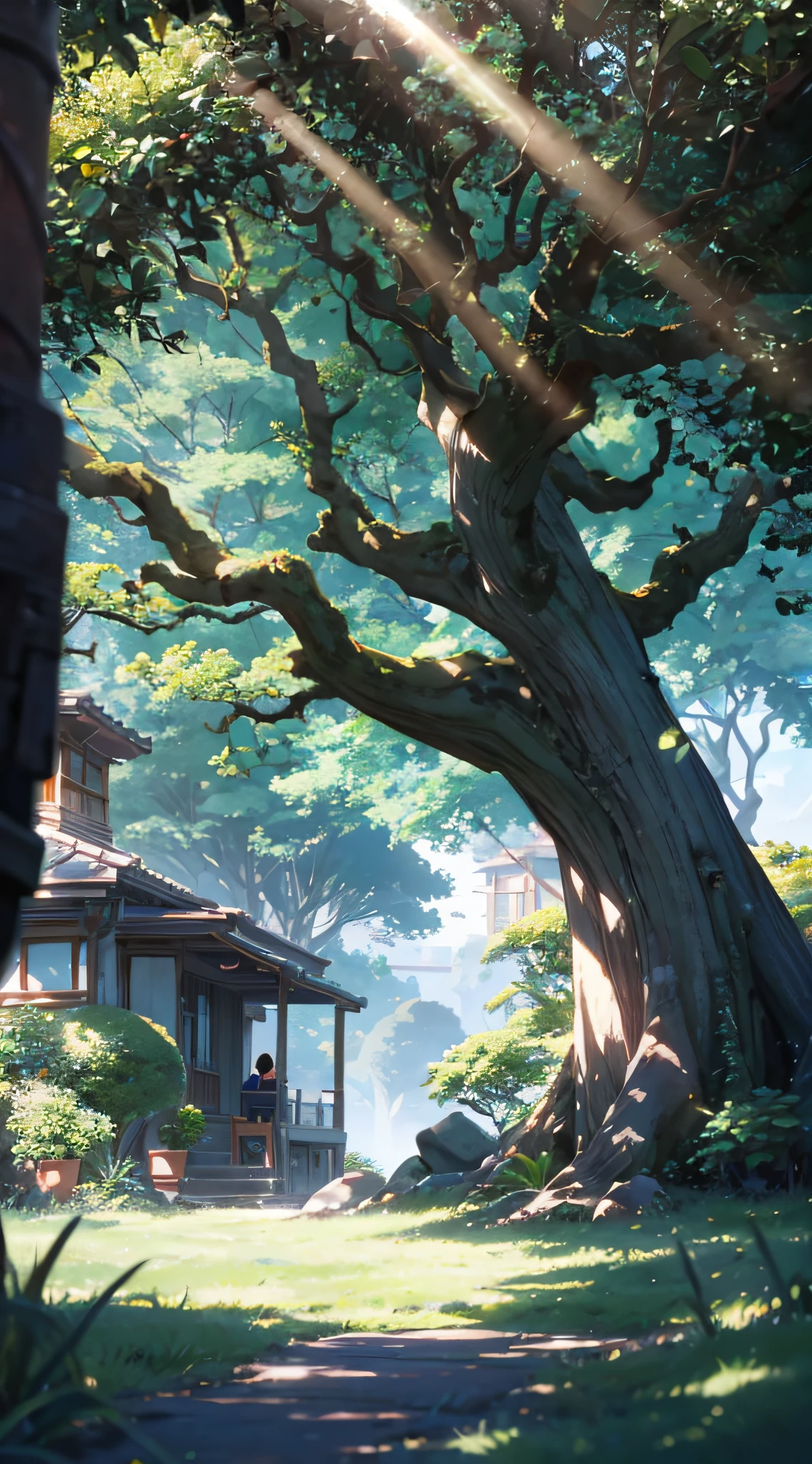 8k hdr,The shade of a large tree,There is sunlight shining on it, Look up at the composition,Ghibli Studio Environment,Studio Ghibli Sunshine,Detailed view – width 672,in style of hayao miyazaki,author:hiyao miyazaki,anime big breast,author:hiyao miyazaki,studio ghibli composition