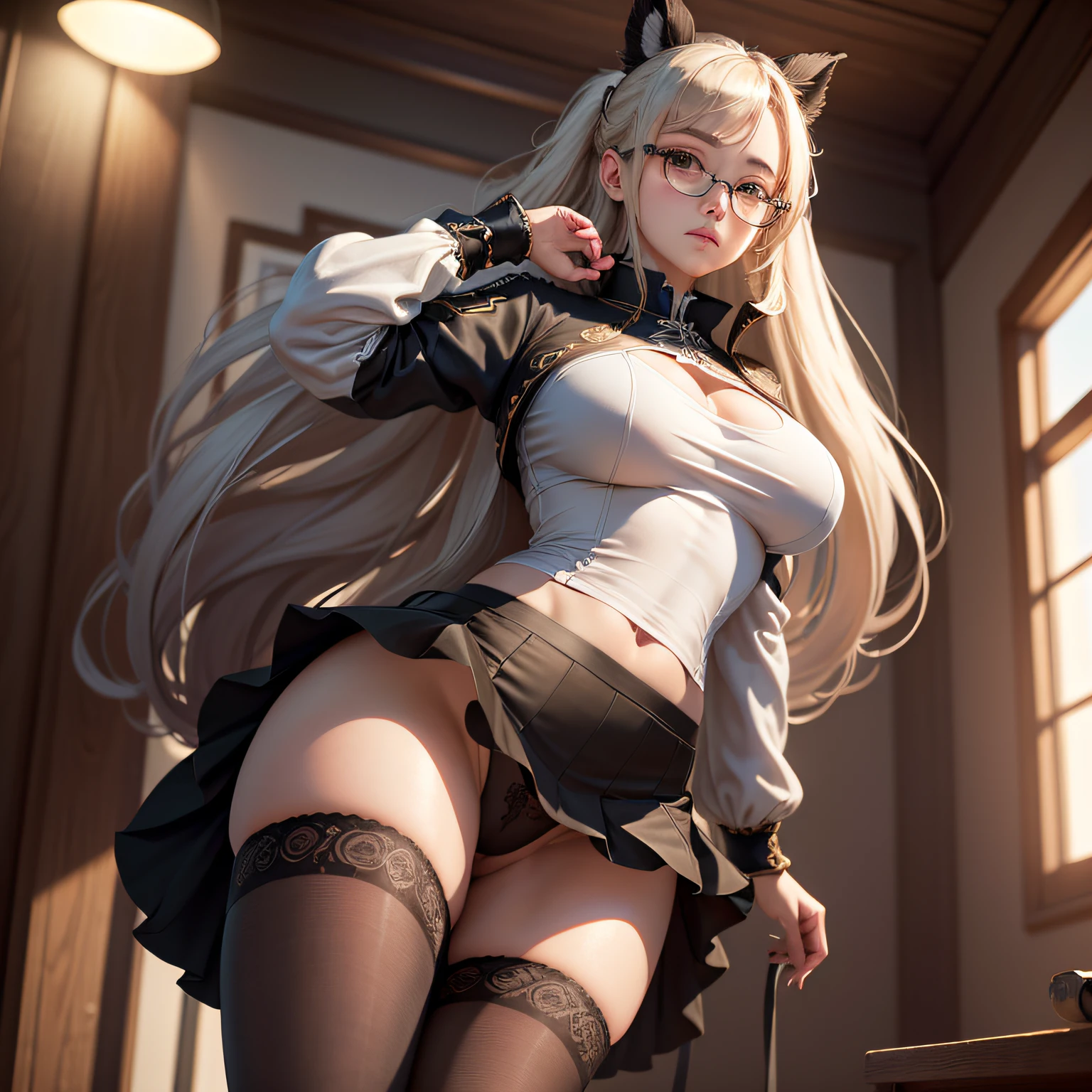 ulzzang-6500-v1.1, (raw photo:1.2), (photorealistic:1.4), beautiful detailed girl, very detailed eyes and face, beautiful detailed eyes, ridiculous, incredibly ridiculous, huge file size, super detailed, high resolution, very detailed, best quality, masterpiece, ((fashion clothing with diverse colors)), illustration, very detailed, CG, unified, 8k wallpaper, amazing, fine detail, masterpiece ,best quality, very detailed CG uniform 8k wallpaper, light on face, movie lighting, 1girl, , long white hair, side splits, (big breasts), (no panties)), (glasses), ((dynamic pose))), ((sexy pose))), (camel toe), (half), (pantyhose)), ((black hip skirt))