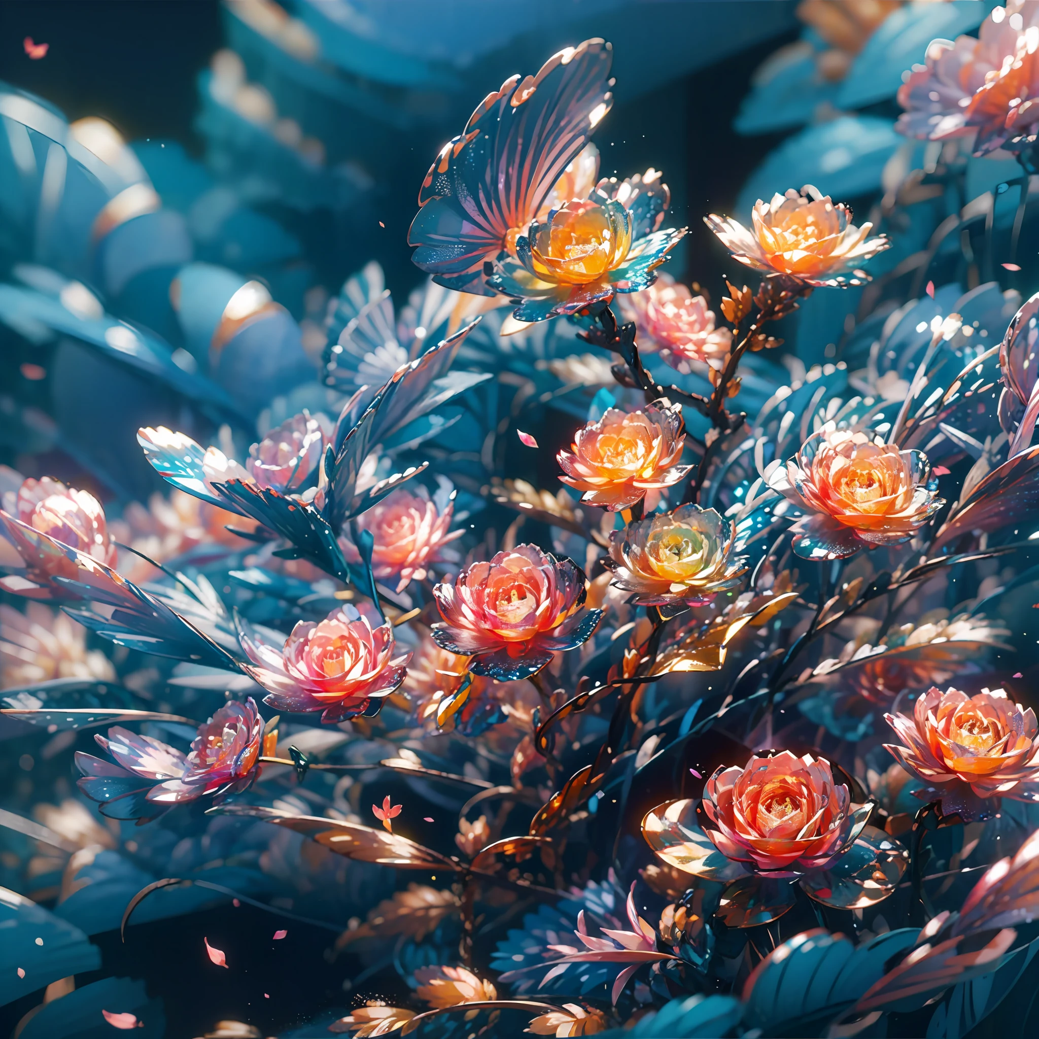 an flowers,Crystal flowers,Lots of colors,cleanness,Petals are layered,Crystal flowers,crystal blossom flower,delicated,depth of fields,glittery,fanciful,cleanness,16k,Brilliant and colorful,Colorful,There are no characters,Don't be characterized