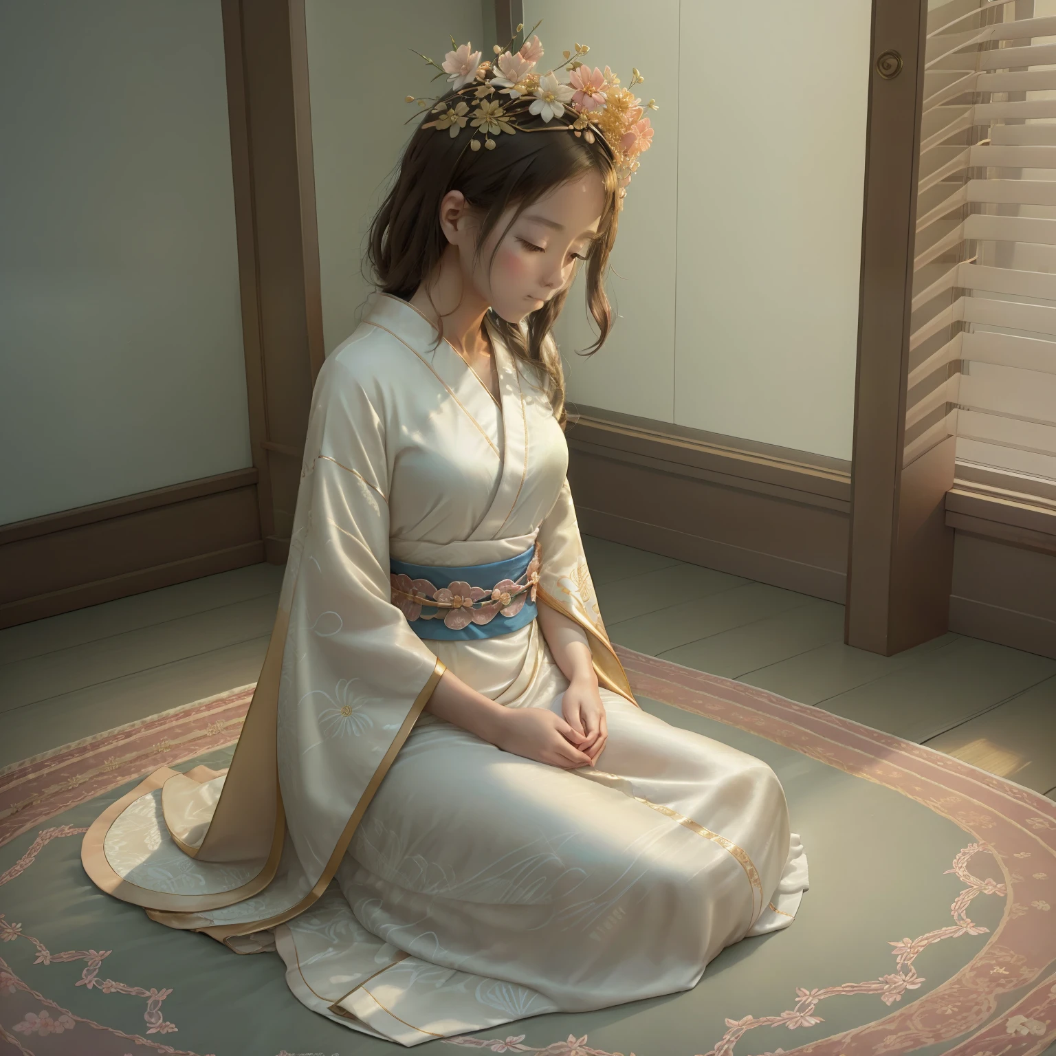 A captivating image capturing the elegant yet contemplative kimono worn by the character's beautiful woman, who will become her mother-in-law. The kimono's flowing designs are embellished with delicate details, such as intricate embroidery, and a matching set of shoes. The warm, golden light from a wide aperture highlights the soft, natural light filtering through the kimono, emphasizing the soft, luminous tones of the scene. shallow depth of field, natural light, studio ghibli style