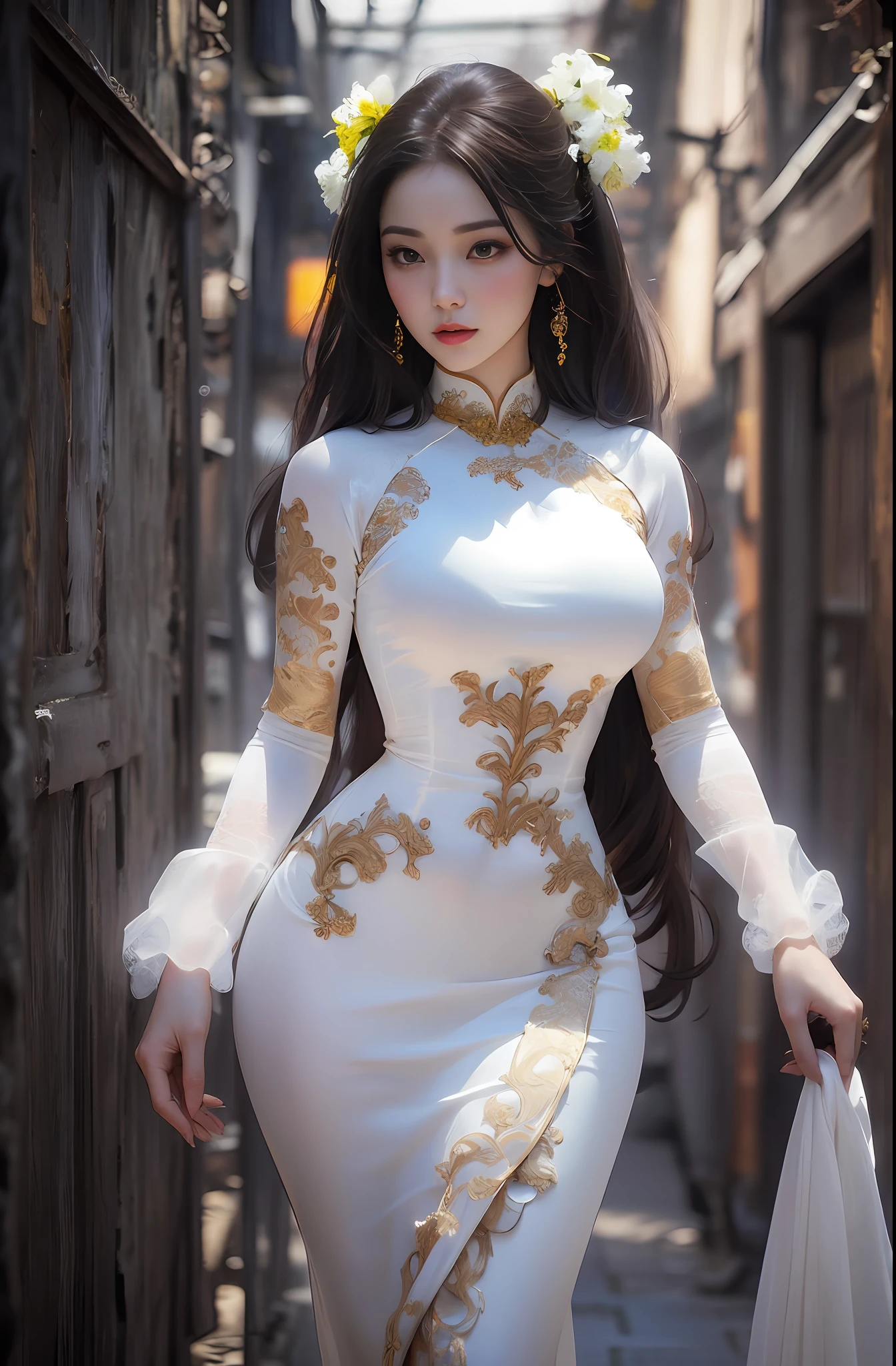 (Best Quality), ((Masterpiece),(ao dai),(Details: 1.4),(Mystical Background), 3D,She has saggy breasts, big breasts , Beautiful Cyberpunk Woman, HDR (High Dynamic Range), Ray Tracing, NVIDIA RTX, Super Resolution, Unreal 5, Subsurface Scattering, PBR Texture, Post Processing, Anisotropic Filtering, Depth of Field, Maximum Sharpness and Sharpness, Multi-layer Textures, Albedo and Highlight Maps, Surface Shading, Accurate Simulation of Light-Material Interactions, Perfect Proportions, Octane Rendering, Two-color Light, Large Aperture, Low ISO, White Balance , Rule of Thirds, 8K RAW, Lace-trimmed skirt, white gentle seduction, breast augmentation, figure display, transparent lingerie, sexy seduction, coquettish, commotion, short skirt, exposed breasts, erotic lingerie, sexy beauty, buttocks, bare breasts, breasts,Ao Dai traditional costume of Vietnamese people,Yellow costume, Lac Viet mythological pattern, Bach Viet ,Chubby ,She's not too skinny,Vietnamese mythological background,Costumes with Vietnamese legends,She has a perfect face , beautiful face